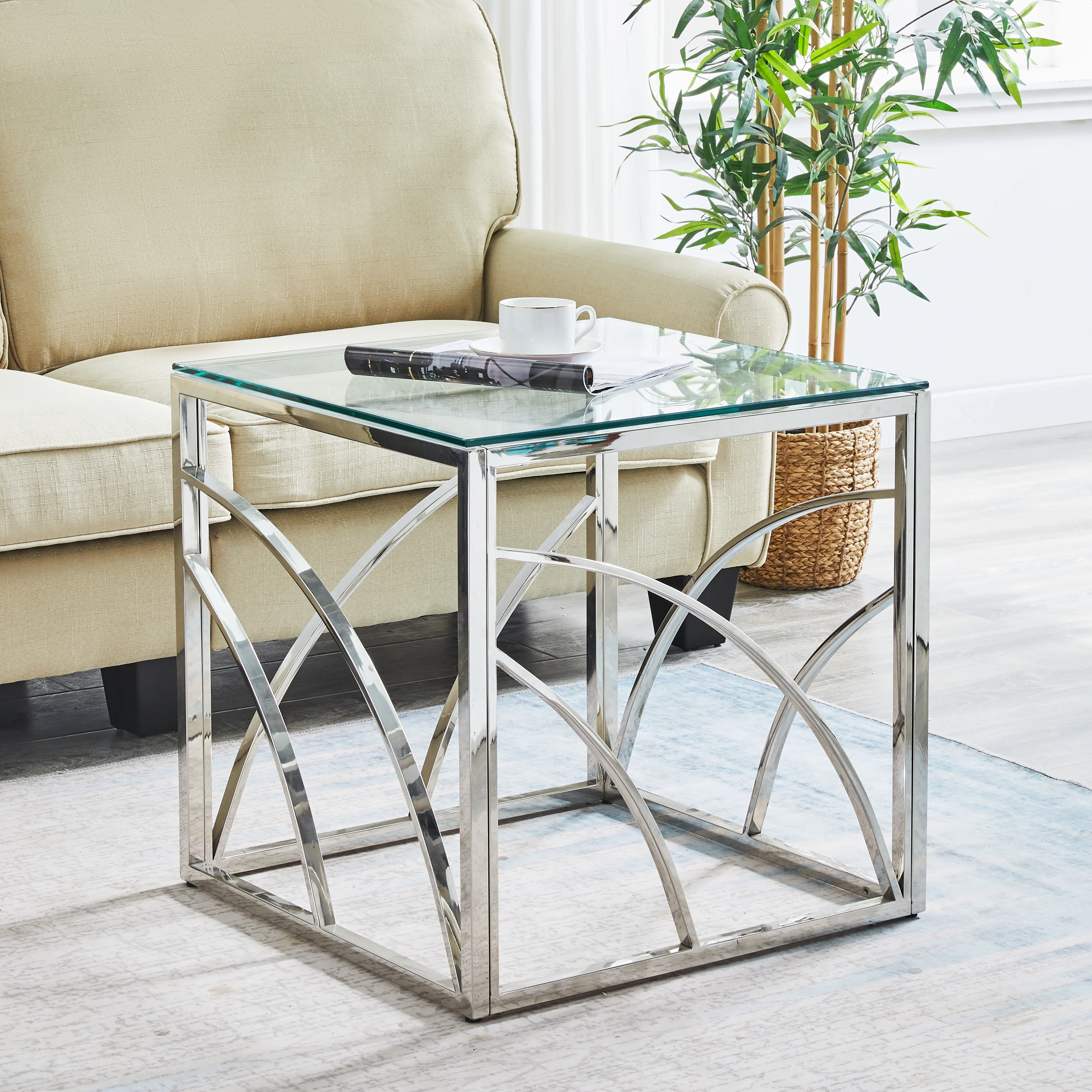 JYMTOM Beistelltisch aus Glas und Edelstahl, Moderner Glastisch für Wohnzimmer, Schlafzimmer und Küche, Couchtisch / Beistellt