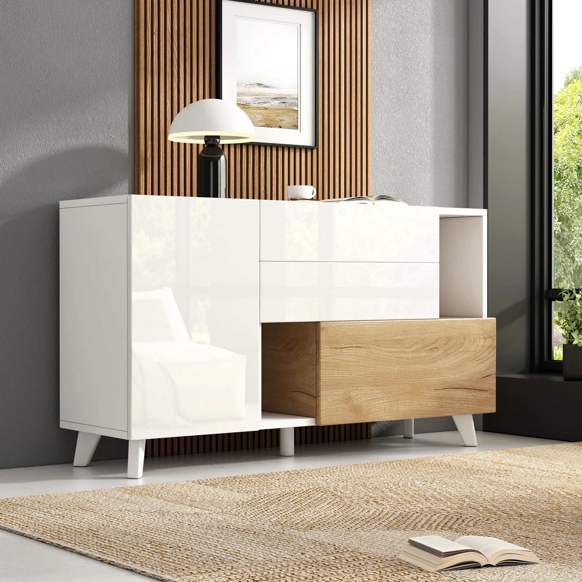 Hochglänzendes weißes, originales, holzfarbenes Sideboard mit Stauraum, Esszimmer-Sideboard mit Stauraum, modernes Wohnzimmer