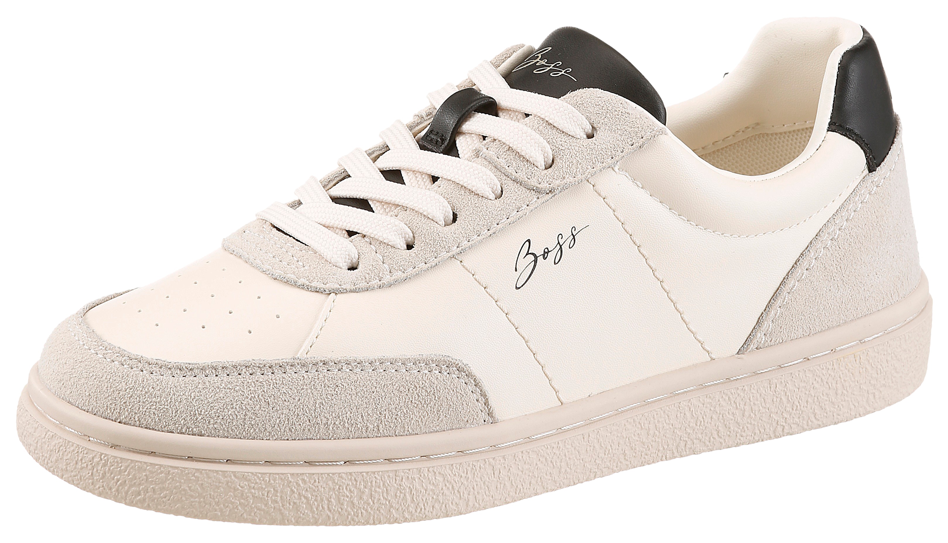 Sneaker BOSS ORANGE "Everlynn Tenn", Damen, Gr. 40, creme, schwarz, Lederimitat, kontrastfarbene Details, Schuhe Sneaker, Schnürschuh, Freizeitsneaker, Halbschuh mit Kontrastdetails