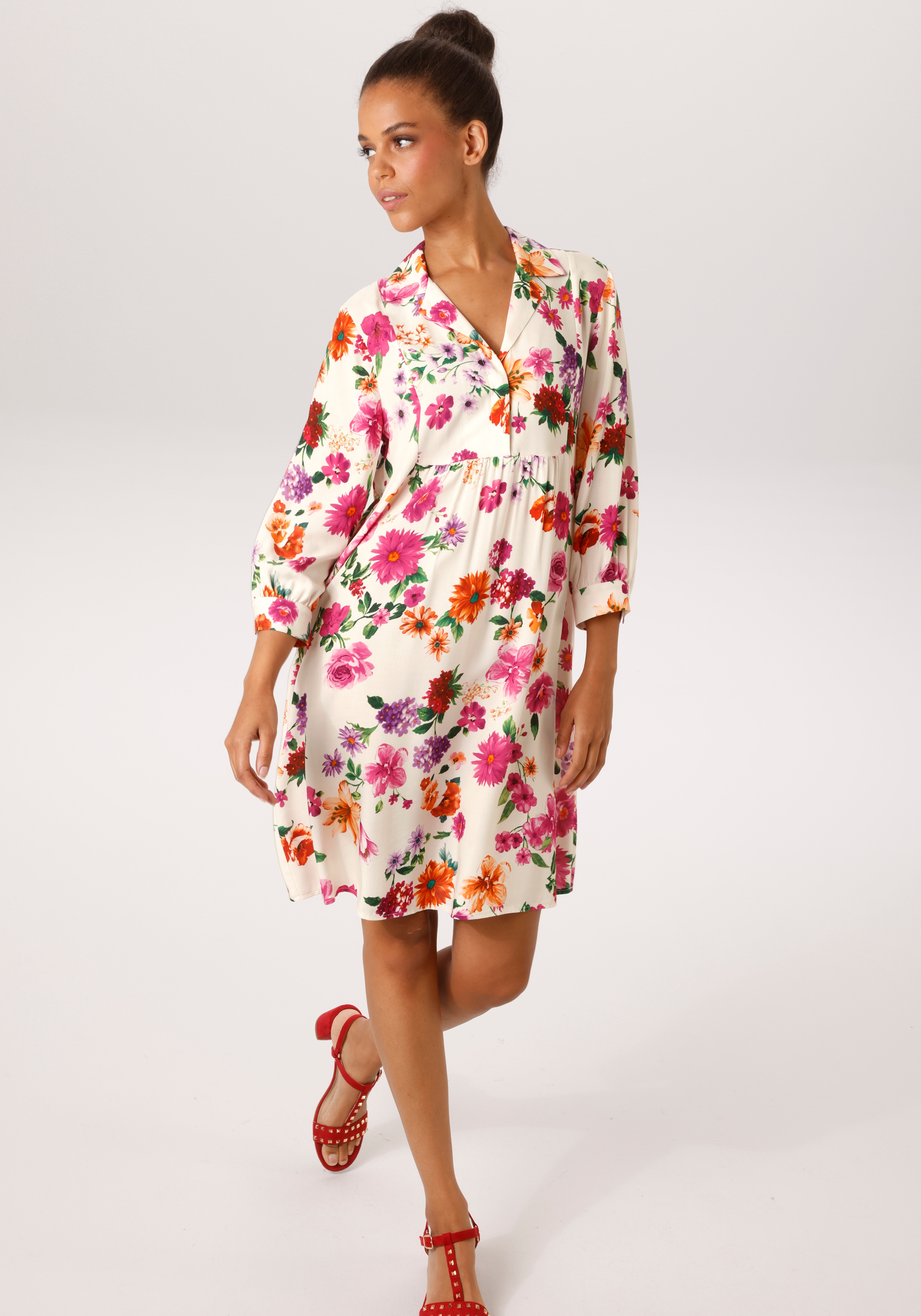 Hemdblusenkleid ANISTON CASUAL, Damen, Gr. 42, N-Gr, creme, fuchsia, orange, lila, grün, Web, Obermaterial: 100% Viskose, bedruckt, geblümt, oversize kniefrei, 1-Knopf-Manschette, Kleider, mit romantischen Blumendruck - jedes Teil ein Unikat - NEUE...