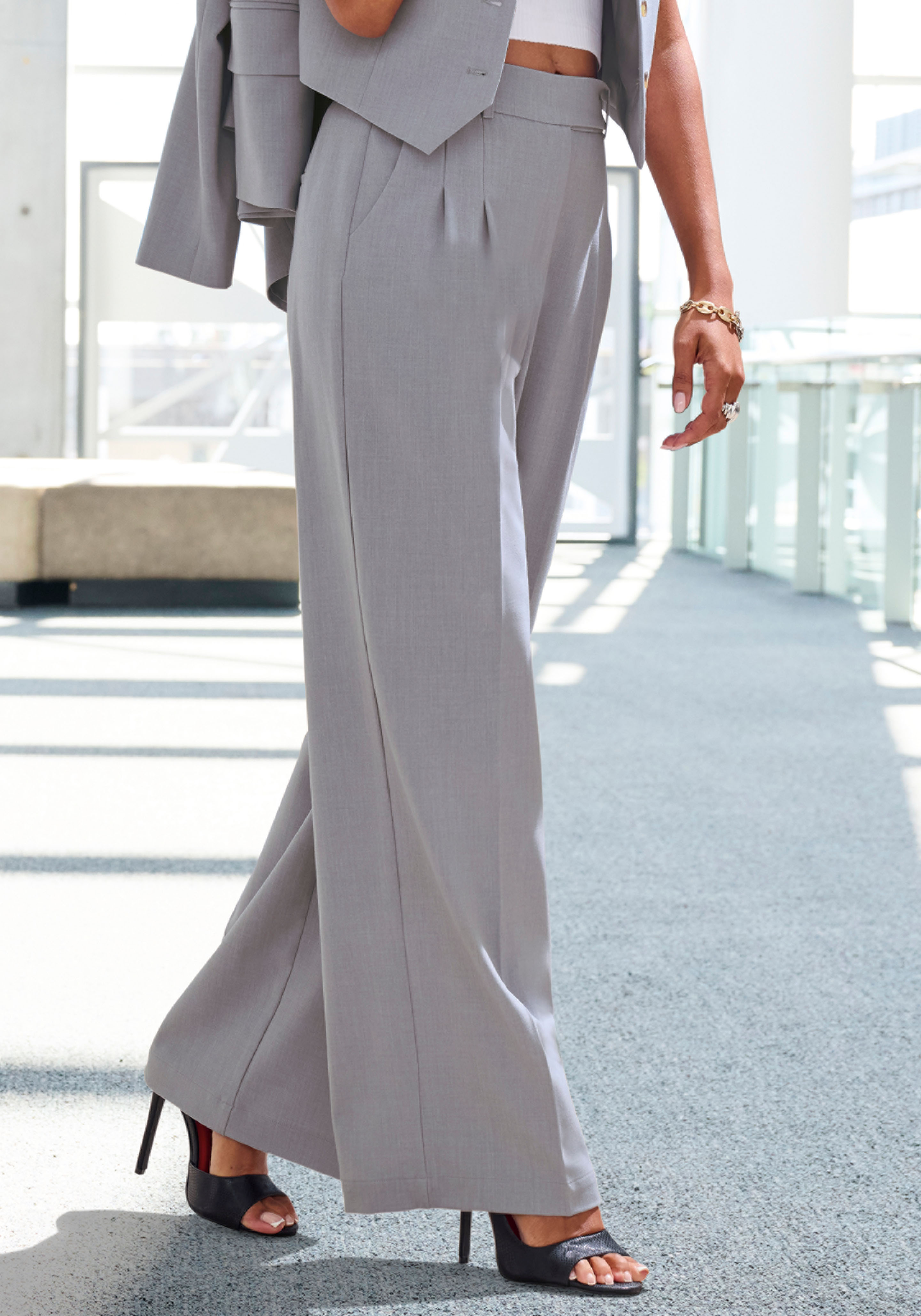 Palazzohose LASCANA, Damen, Gr. 36, N-Gr, grau meliert, Stoff, Obermaterial: 64% Polyester, 32% Viskose, 4% Elasthan, meliert, figurumspielend lang, Hosen Palazzohose, im Business-Look, elegante Anzughose mit Taschen, Topseller