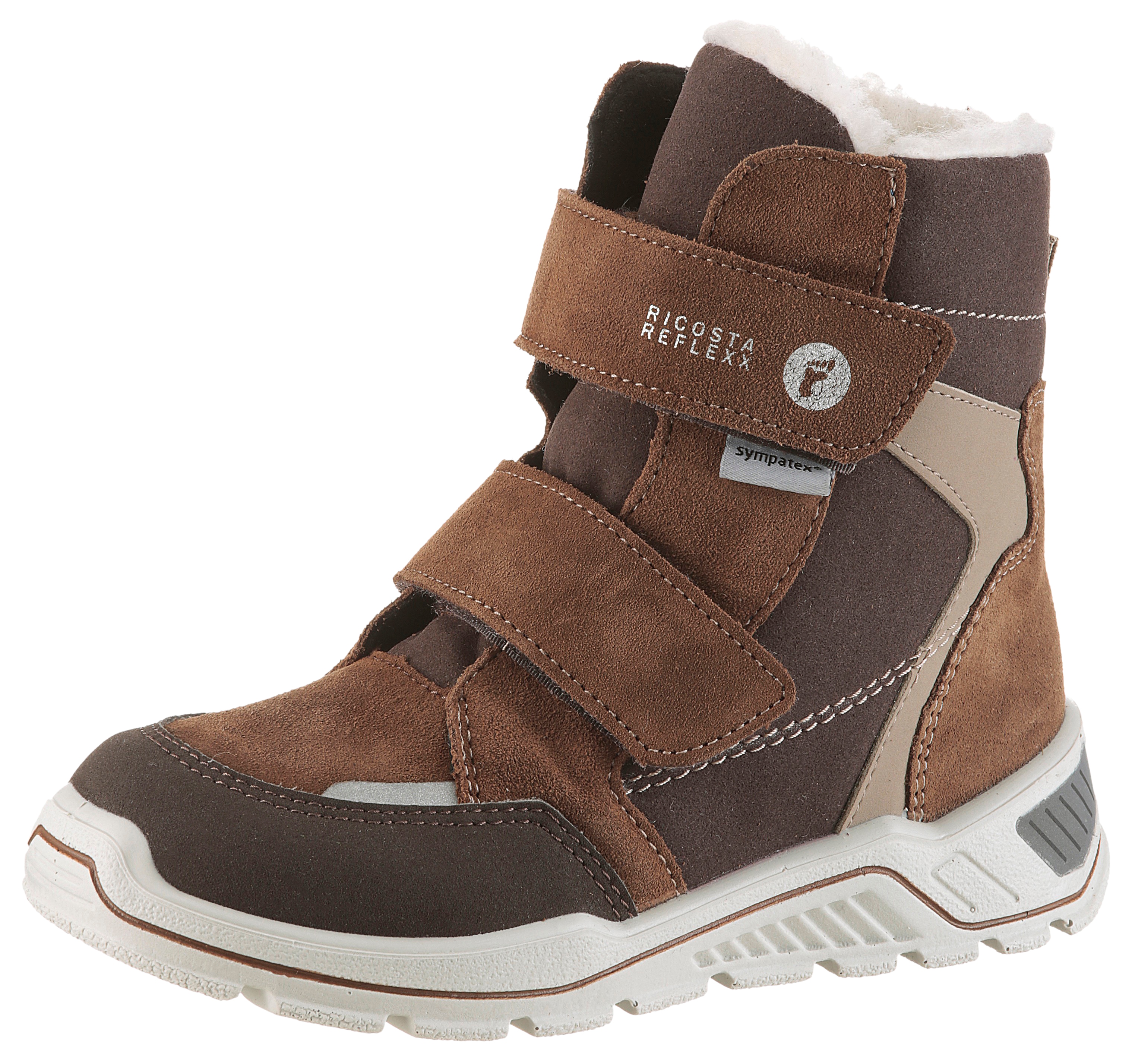 Winterstiefel RICOSTA "JANEK 50 WMS: weit", Damen, Gr. 29, braun, Lederimitat, Veloursleder, kontrastfarbene Details, Schuhe Winterstiefel, Snowboots, Klettstiefel mit Sympatex, Größenschablone zum Download