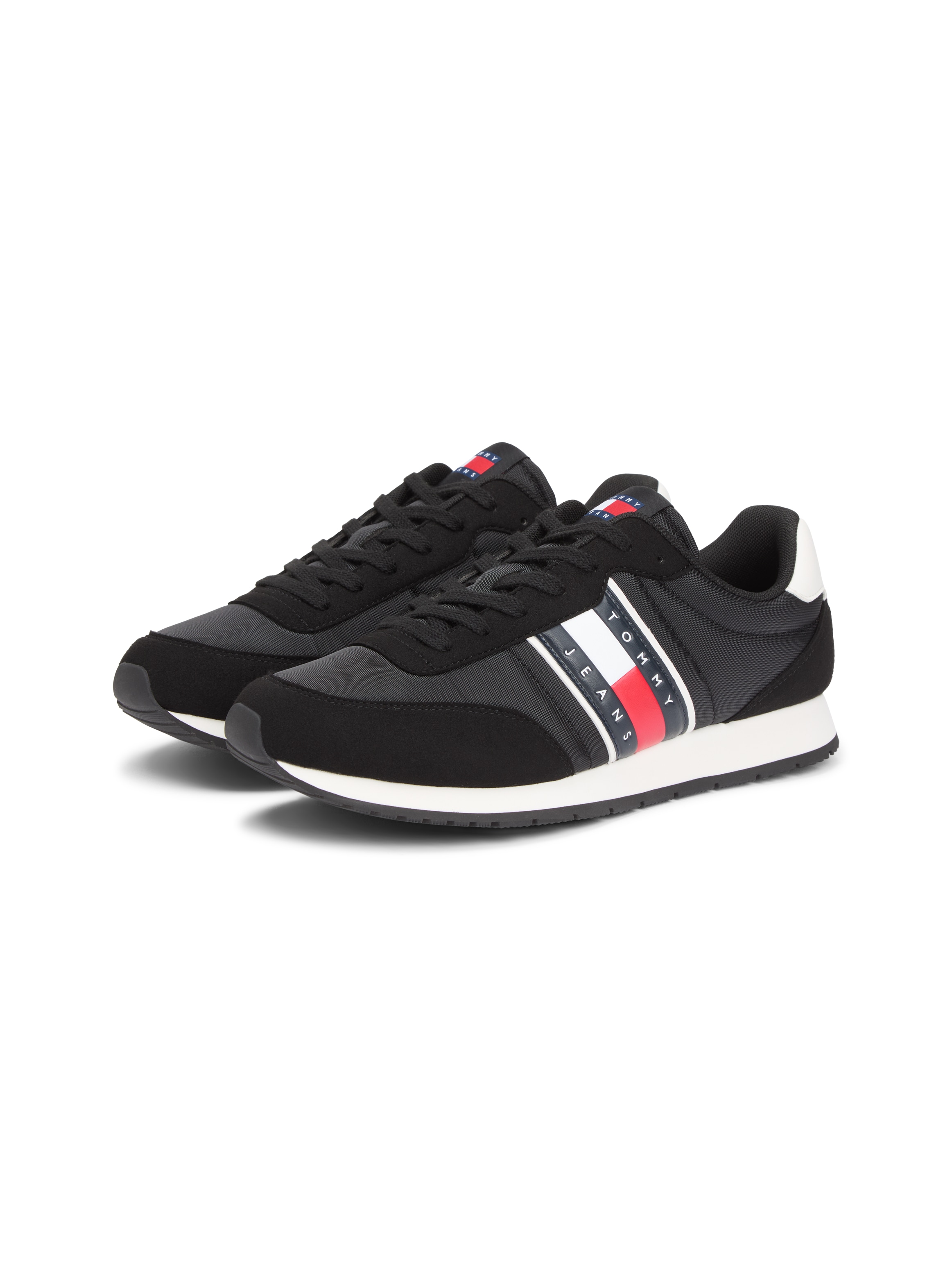 Sneaker TOMMY JEANS "TJM CLASSIC RUNNER", Herren, Gr. 42, schwarz, Textil, Veloursleder, unifarben mit Farbeinsätzen, Schuhe Sneaker, Freizeitschuh, Halbschuh, Schnürer mit Kontrastbesätzen