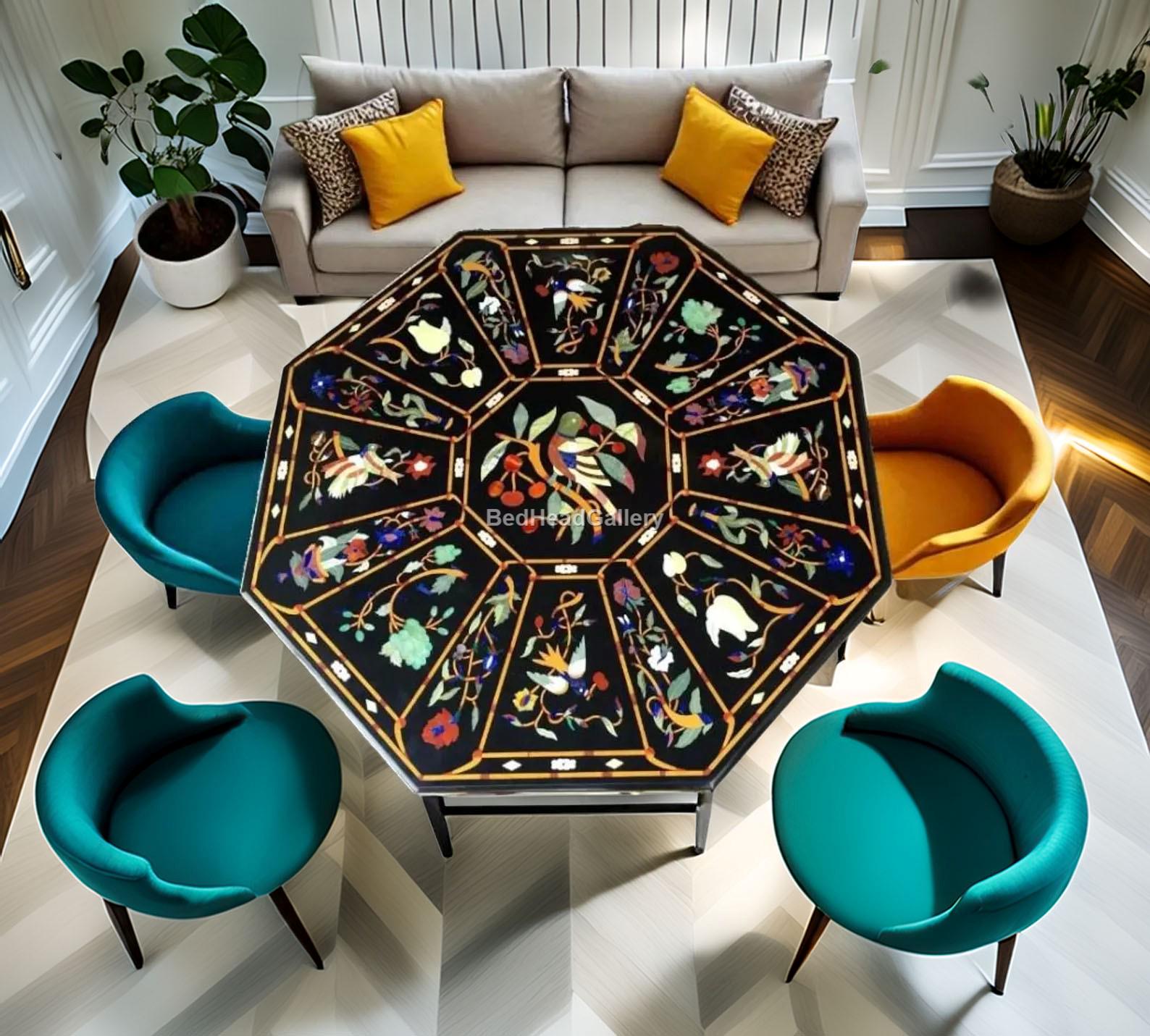 Tavolo di lusso ottagonale con intarsi floreali in marmo nero / Tavolo da pranzo in pietra dura fatto a mano / Tavolo da pranzo con centrotavola in st