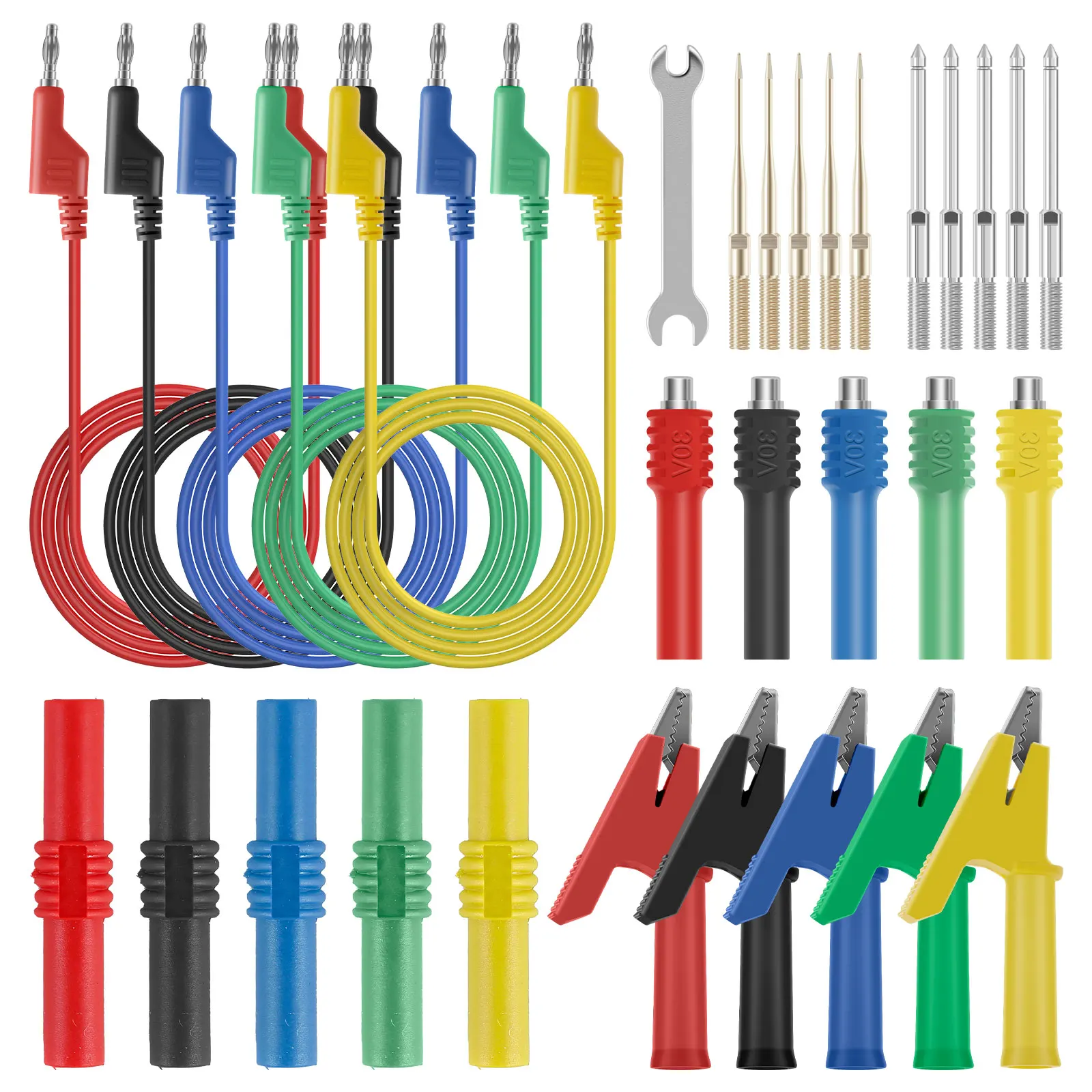 30-teiliges Bananenstecker-Messleitungs-Set, dauerhafte Draht-Piercing-Sonden mit Krokodilklemmen, Sondenhalter und Verbindungsschlauch, stapelbar Image