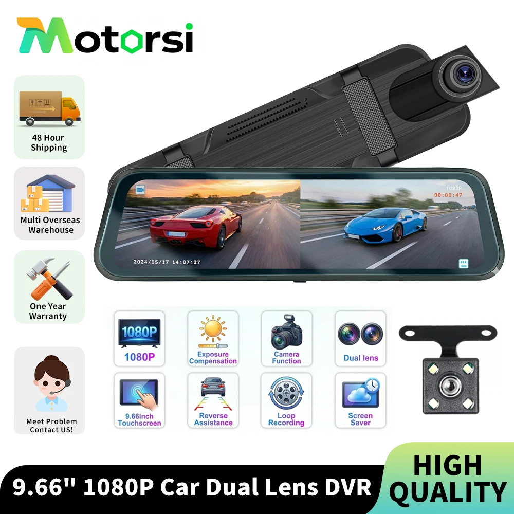 Motorsi 9,66 Zoll Dual-Objektiv Auto-Dashcam mit Nachtsicht, Rückfahrhilfe, Loop-Aufnahme, 480P Rückkamera und TF-Karte Image