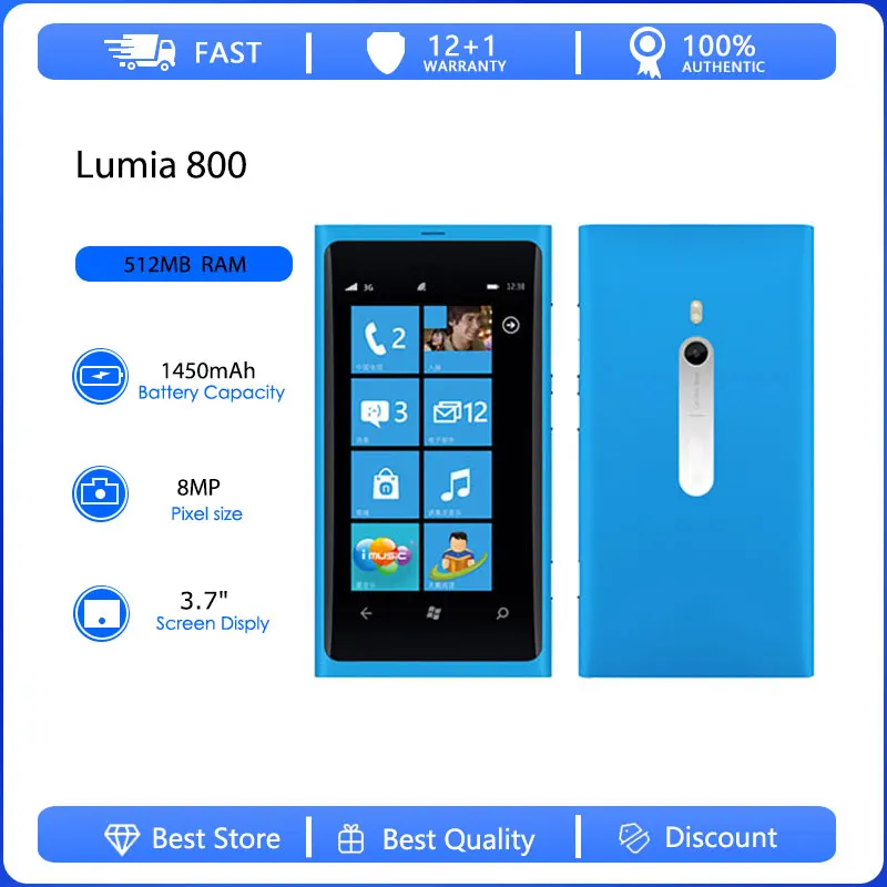 Original Refurbished Lumia 800 3G Single Sim Unlocked GSM 900/1800 Mobile Phone Russian Arabic Hebrew Keyboard Made in Finland