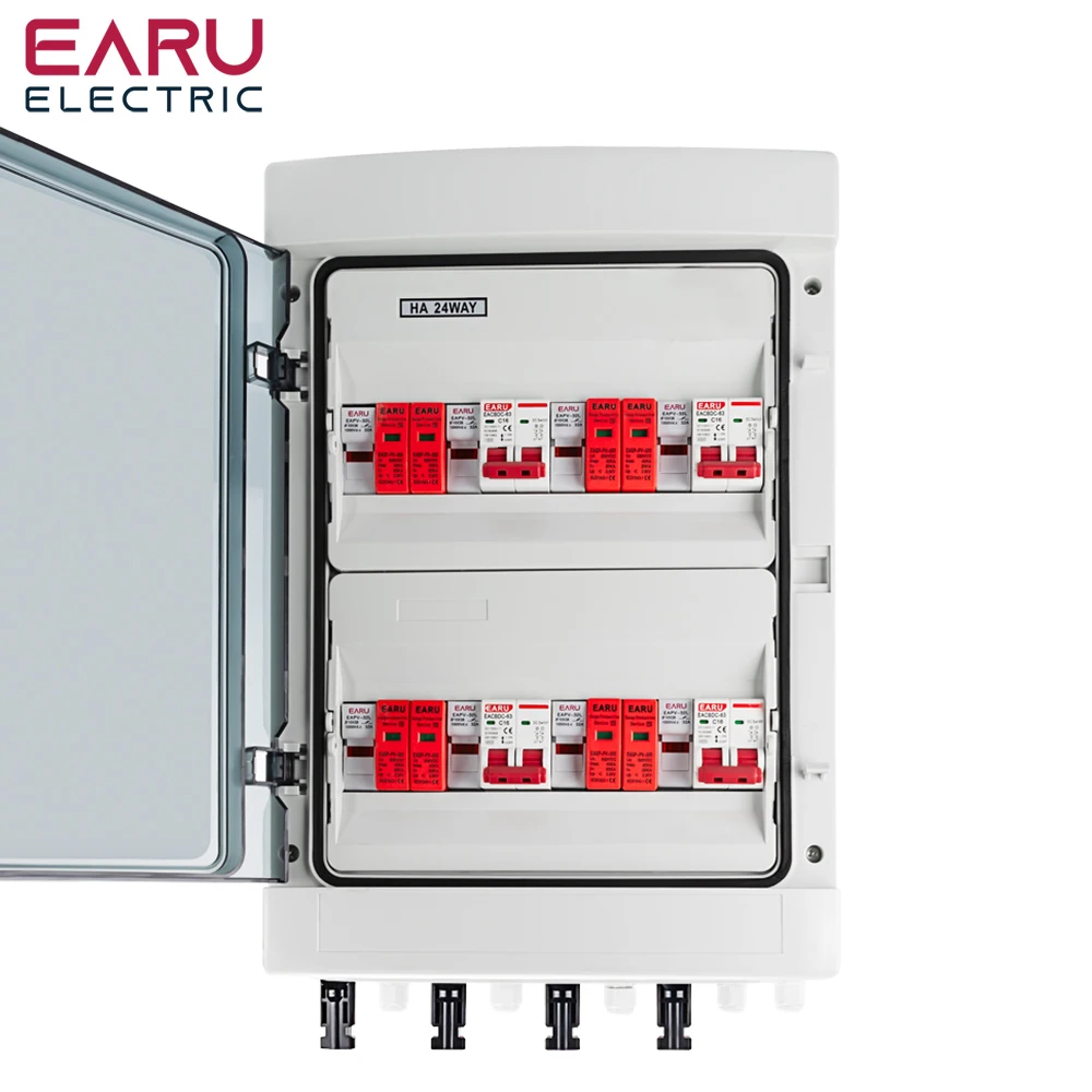 Solar-Photovoltaik-PV-Kombinatorbox mit Blitzschutz, 4 Eingänge, 4 Ausgänge, DC 500 V, 15 A, Sicherung, MCB, SPD, HT, wasserdichte Box, IP65, 24-Wege Image