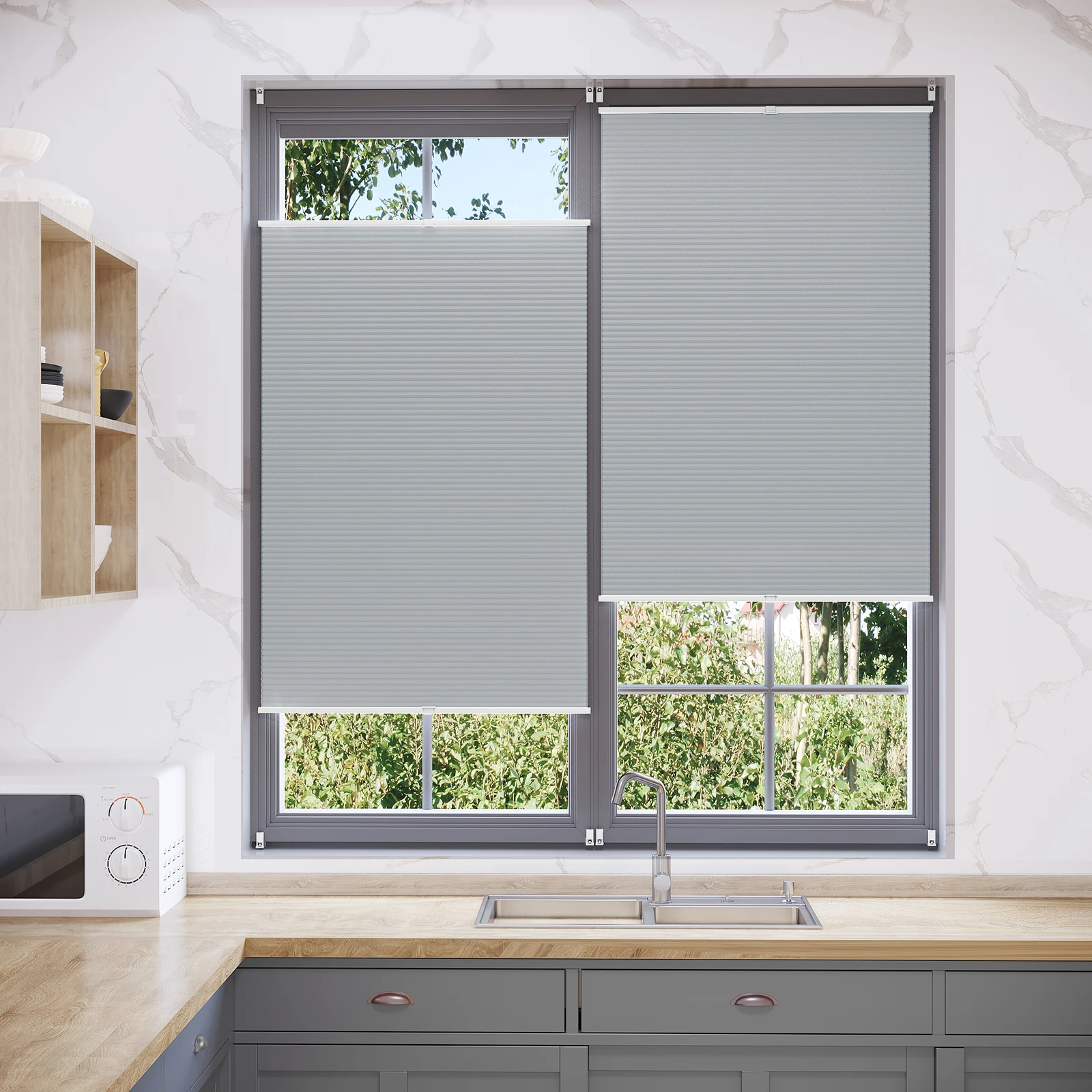 WOLTU Wabenplissee für Fenster, ohne Bohren, Verdunkelungsrollo, Grau, Sonnenschutz, lichtfilternde Rollos für Schlafzimmertüren