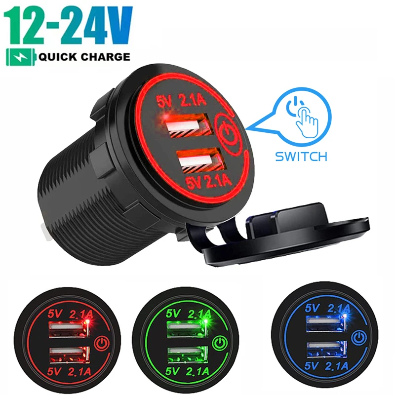 12/24V Dual USB Auto Ladegerät Wasserdicht Schnell Schnell Ladung Power Adapter Buchse mit Touch Schalter für auto Motorrad Zubehör