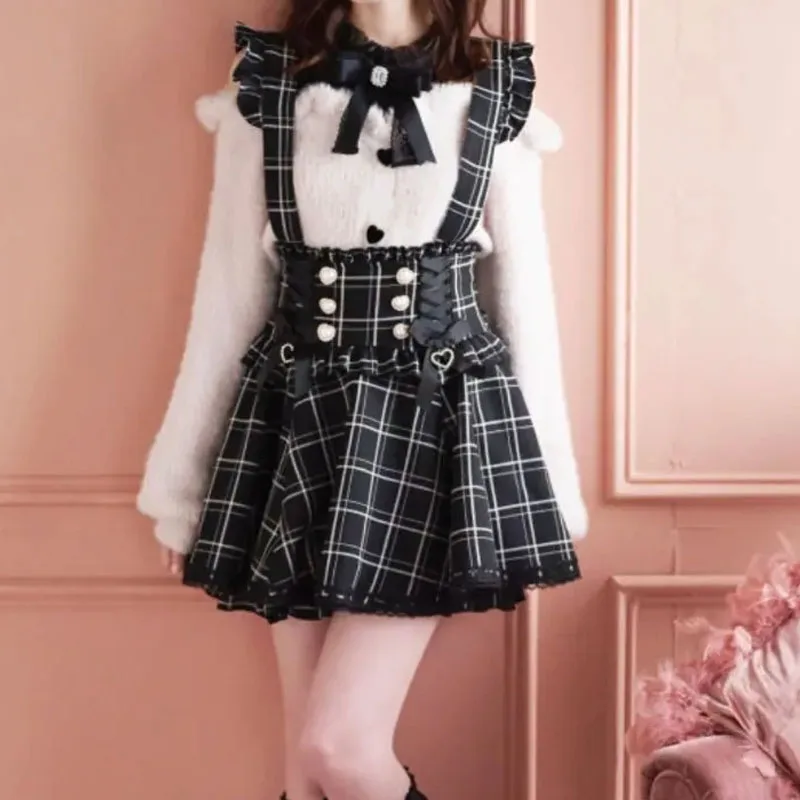 Abito con bretelle Lolita retrò stile giapponese Abito estivo femminile scozzese senza maniche con volant Fasciatura con fiocco Slim Lolita JSK Abiti dolci Kawaii