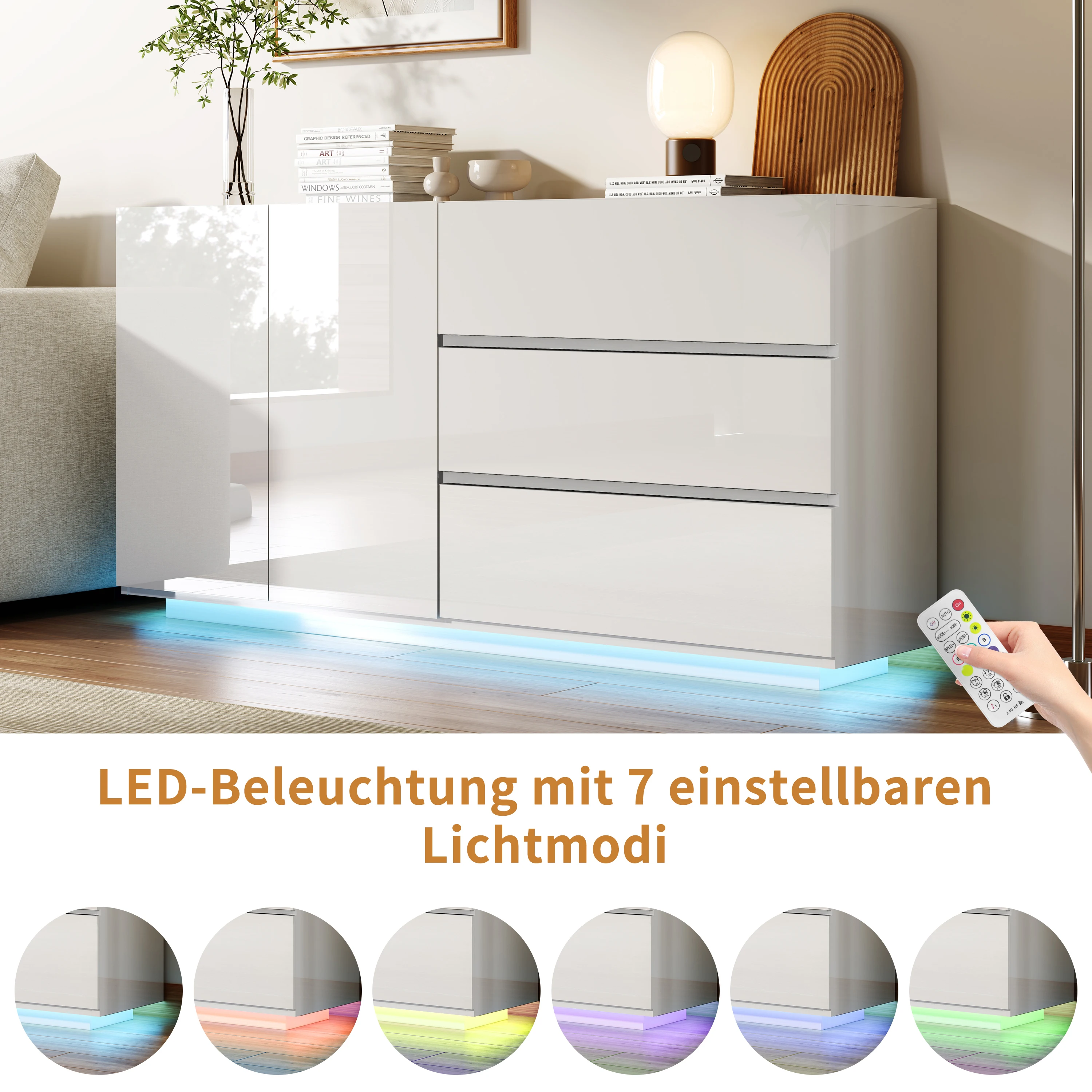 Rosahqnda Modernes Hochglanz-Sideboard mit LED, Schubladen und Türen, nordischer minimalistischer Buffetschrank für Wohnzimmer/Küche