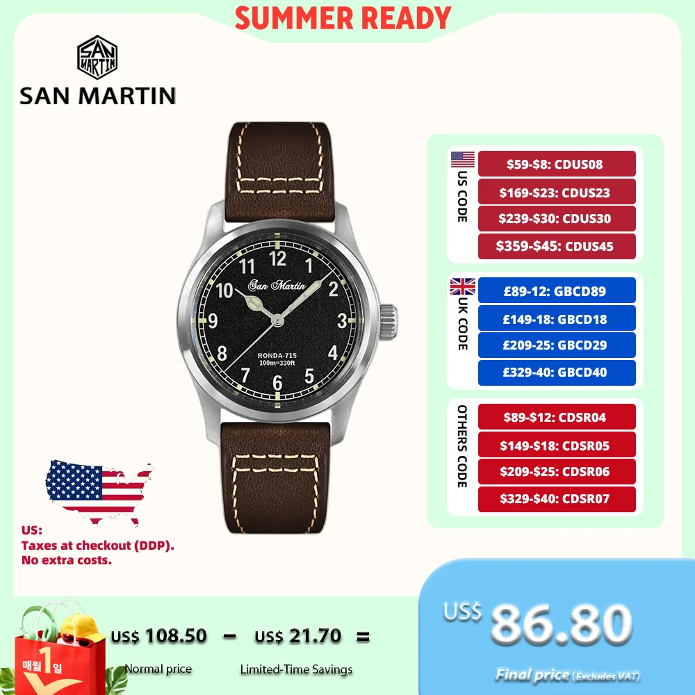 San Martin 37mm Ronda 715 Orologio al quarzo da uomo Moda semplice 10Bar Orologio da polso pilota impermeabile BGW-9 Blu C3 Verde luminoso SN0034A