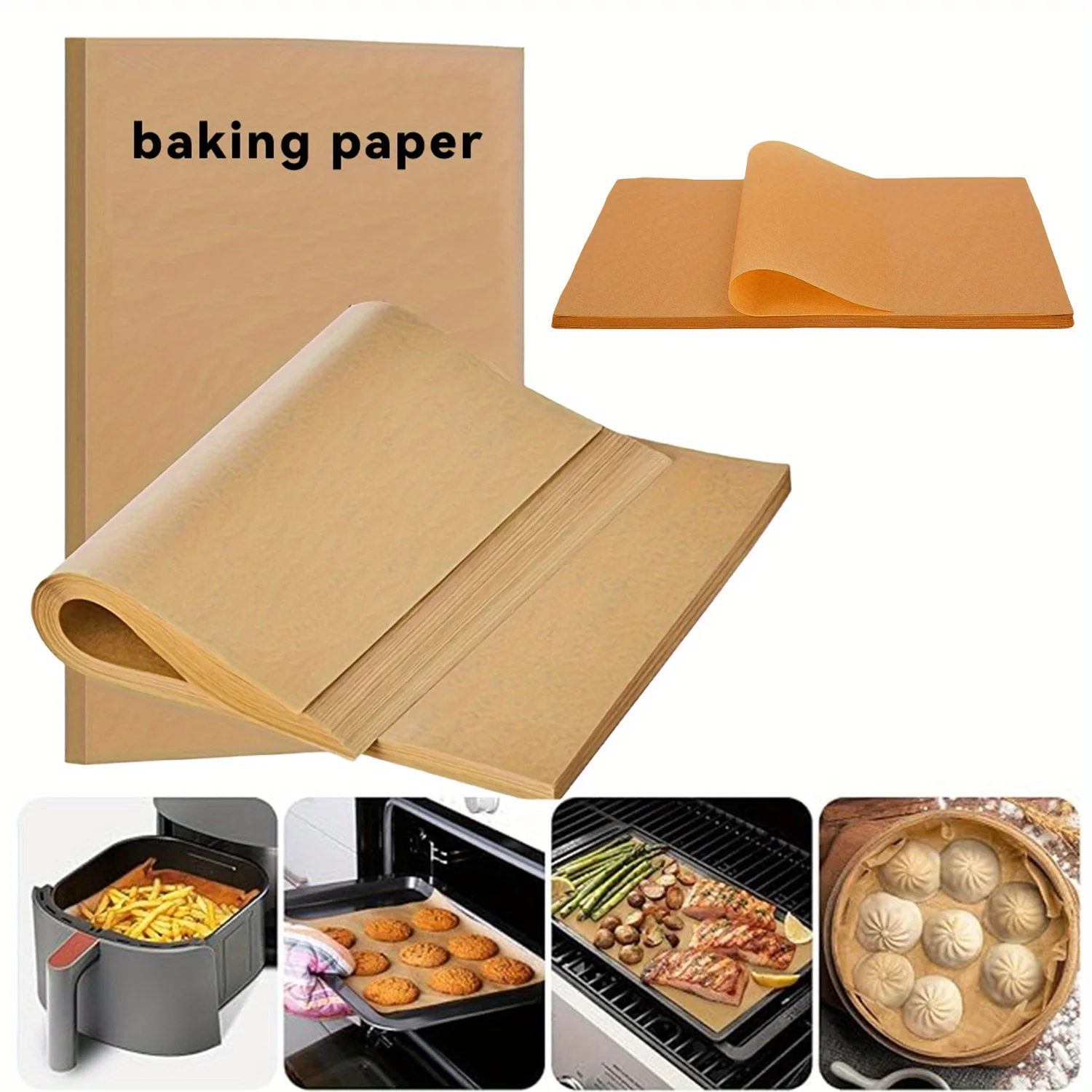 50/100 Stück Pergamentpapierbögen, ungebleichtes Pergamentpapier zum Backen, Grillen, Luftfritteuse und Dämpfen, antihaftbeschichtetes Brot, Kuchen Image