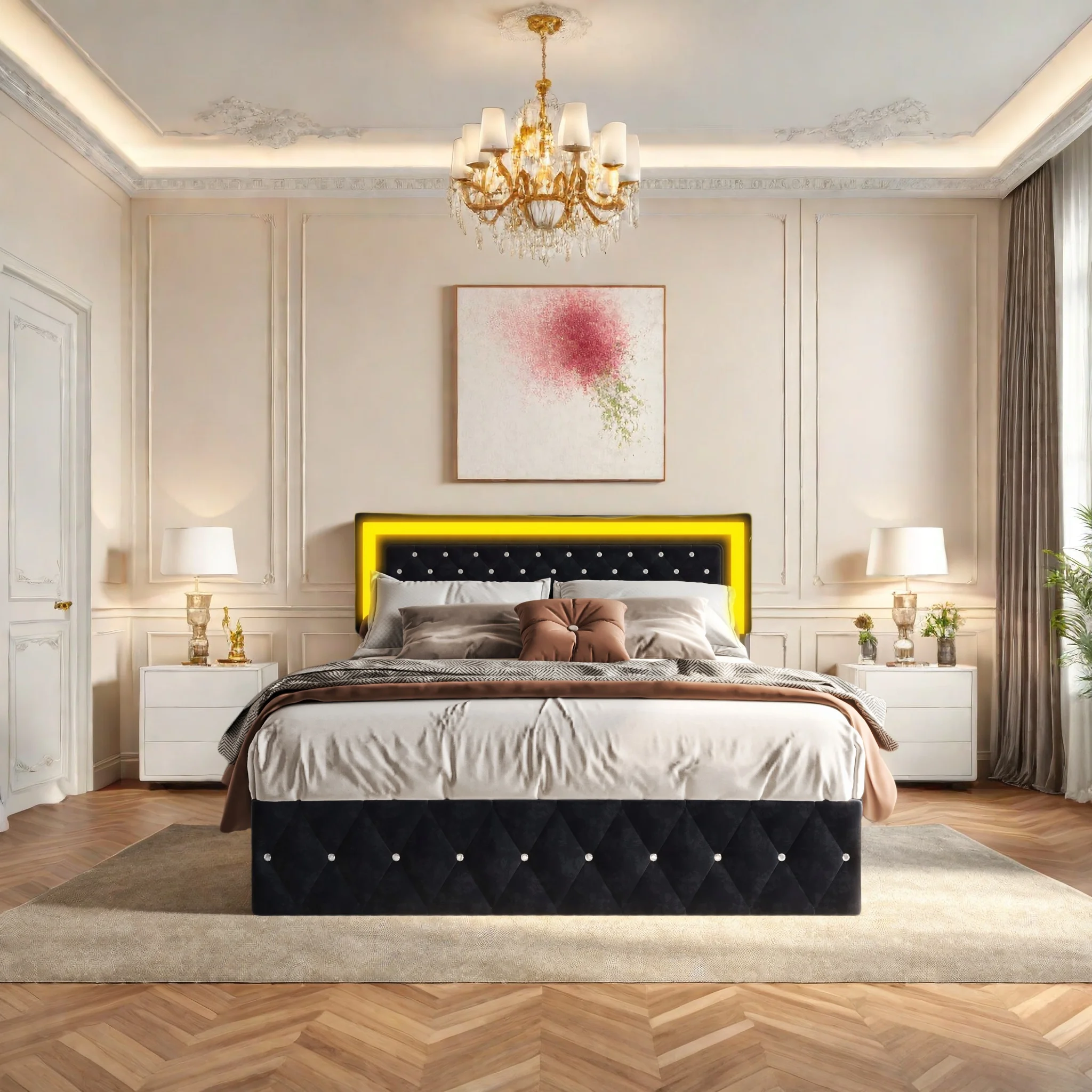 Gepolstertes Bettgestell 180x200 mit Lattenrost, luftgefedertes Kopfteil mit LED-Beleuchtung, Samtbezug, schwarz