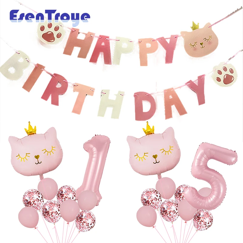 Rosa Krone Katze Folien-Zahlenballons Cartoon-Tier Wimpelkette Set Mädchen Happy Birthday Party Dekorationen Kinder Babyparty Geschenk
