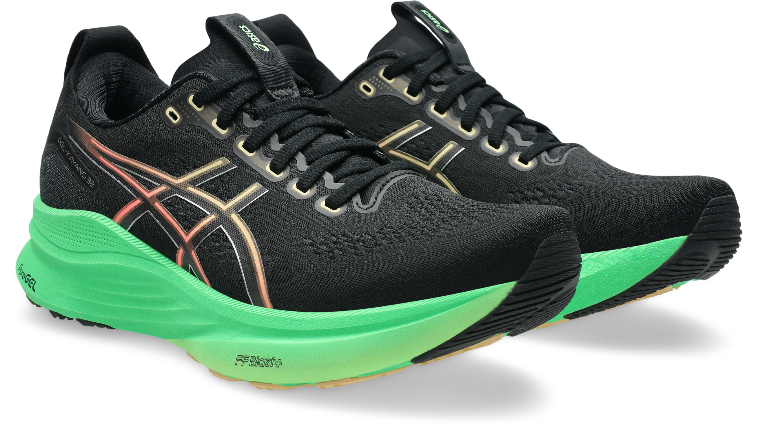 Laufschuh ASICS "GEL-KAYANO 32", Damen, Gr. 44, schwarz, vital grün, Synthetik, Schuhe Laufschuh, für mehr Stabilität