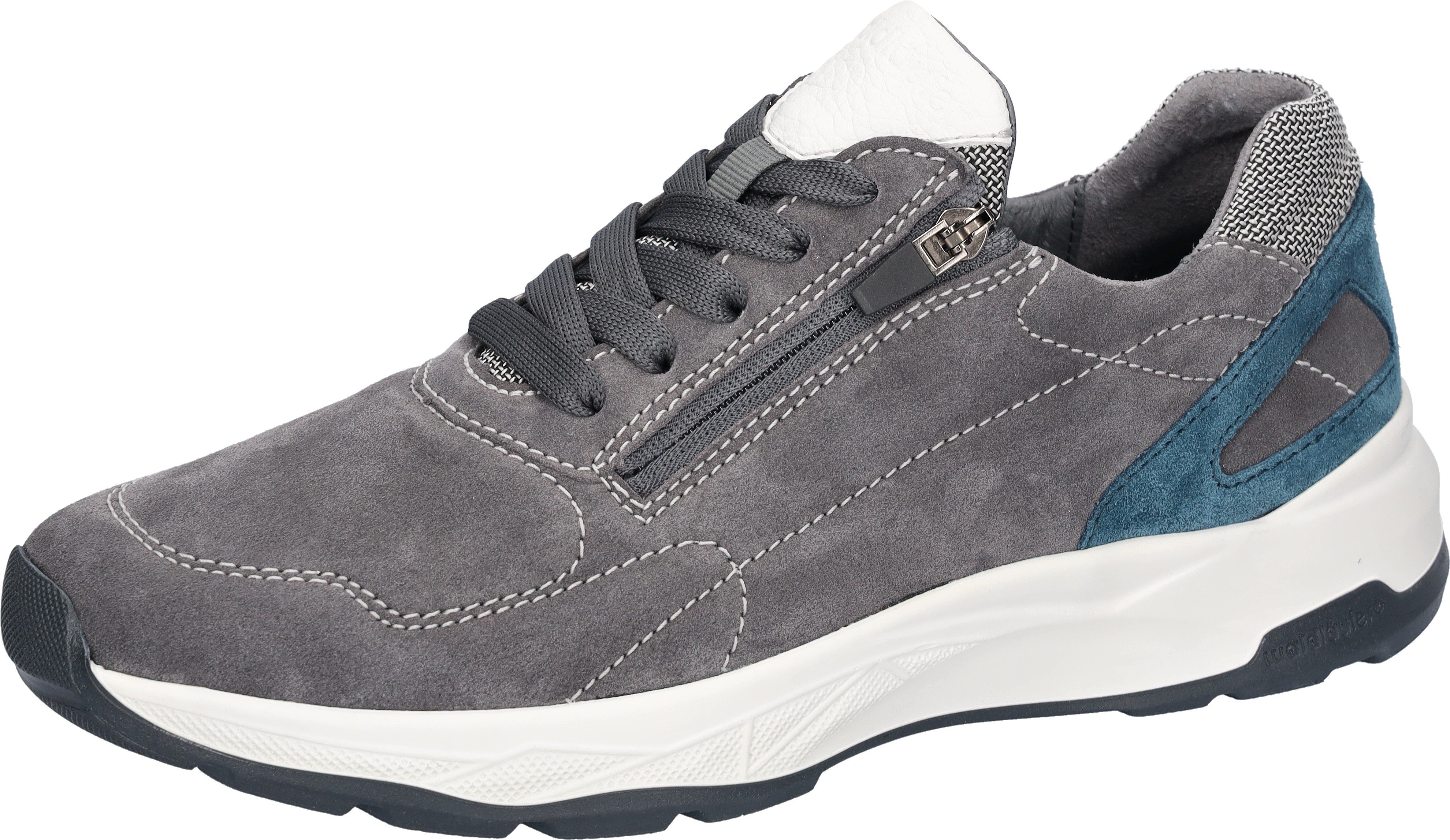 Sneaker WALDLÄUFER "H-TOM", Herren, Gr. 10,5 (45), grau, weiß, petrol, Nappaleder, Textil, Veloursleder, kontrastfarbene Details, Schuhe Sneaker, Schnürschuh, Halbschuh mit seitlichem Reißverschluss, H-Weite