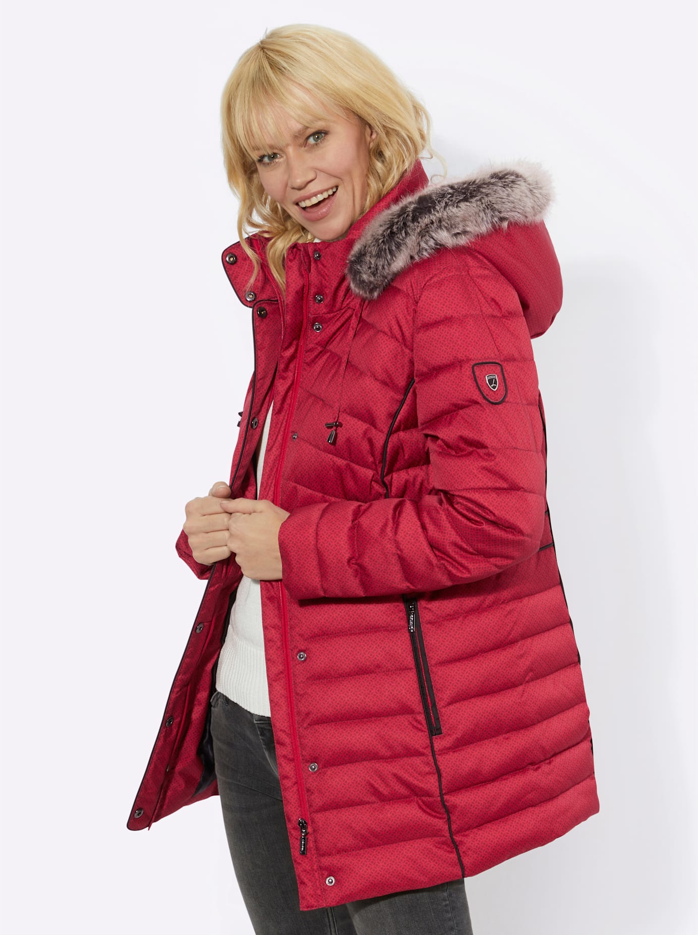 Anorak CASUAL LOOKS, Damen, Gr. 19, rot (rot, kirsche, gemustert), 100% Polyester, Fellimitat:87% Polyacryl, 13% Polyester, gemustert, mehrfarbig, Jacken