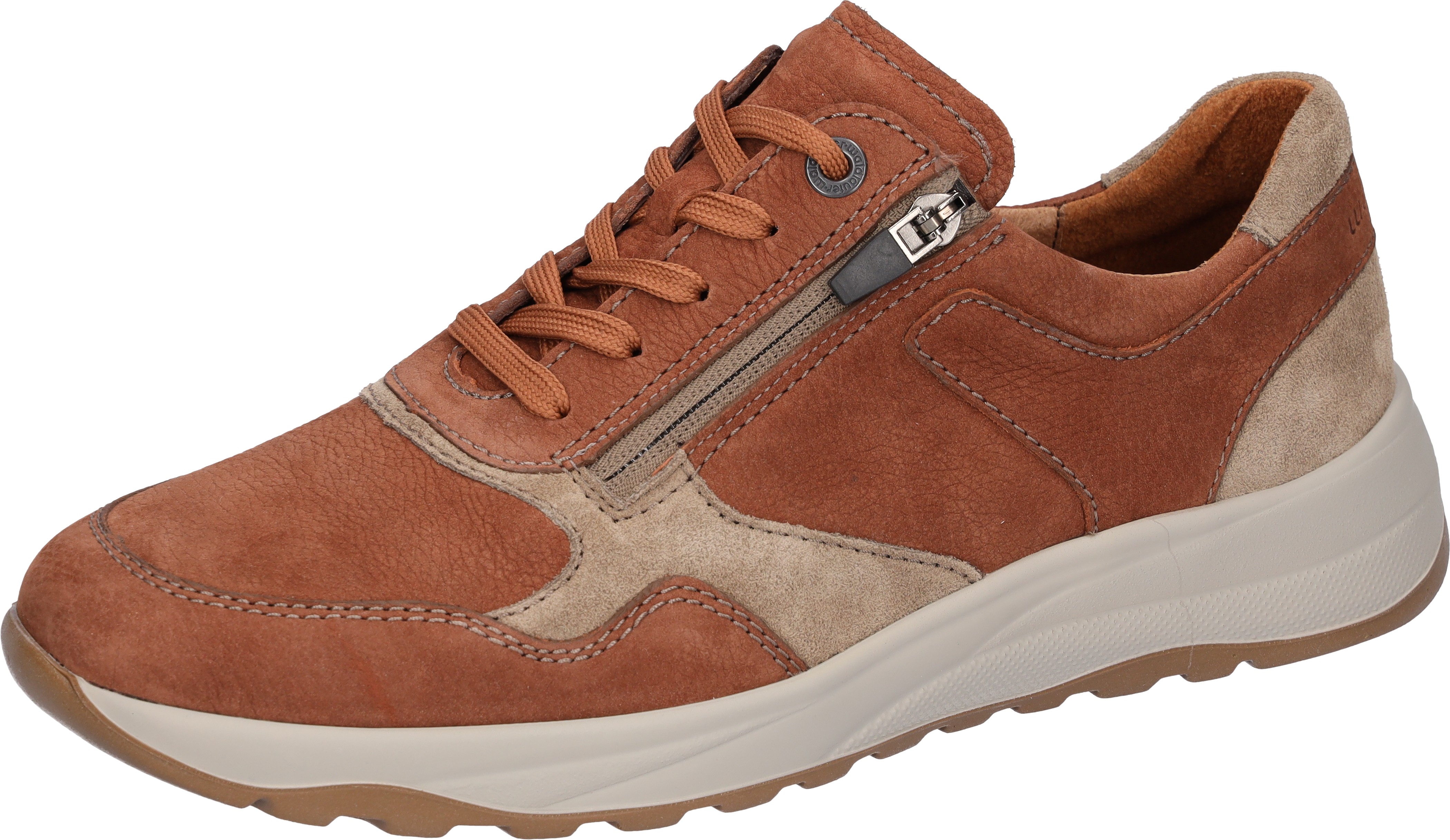 Sneaker WALDLÄUFER "K-JOHN", Herren, Gr. 9,5 (44), cognac, beige, Nubukleder, Veloursleder, unifarben mit Farbeinsatz, Schuhe Sneaker, Schnürschuh, Bequemschuh, K-Weite, mit seitlichem Reißverschluss
