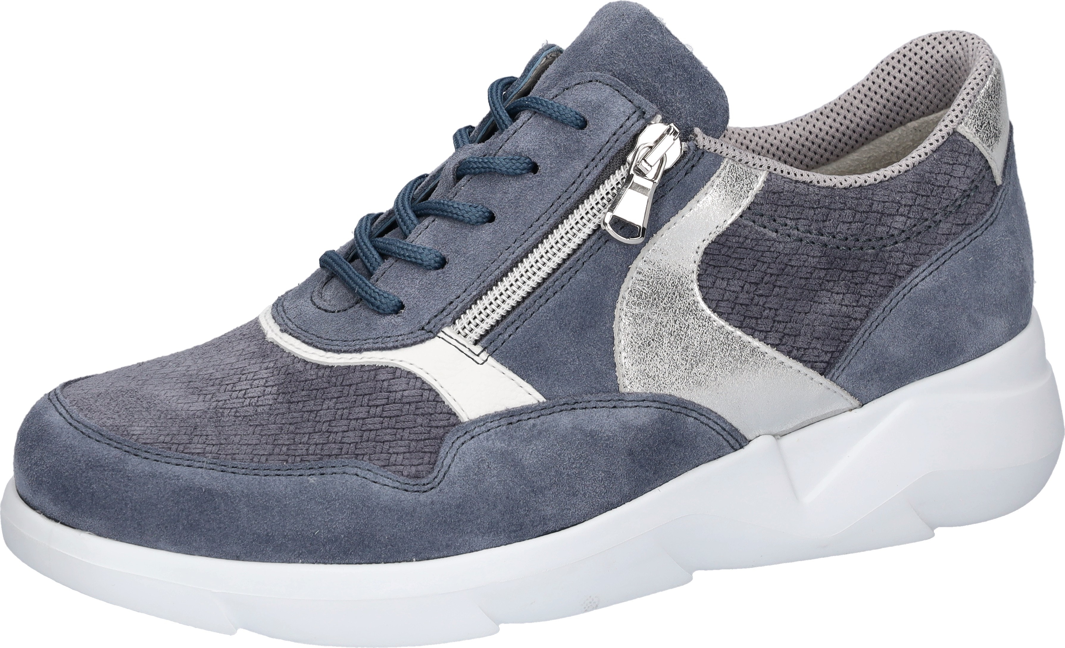 Sneaker WALDLÄUFER "K-FUNKY", Damen, Gr. 5,5 (38,5), jeansblau, äsilberfarben, weiß, Nappaleder, Veloursleder, unifarben mit Farbeinsatz, Schuhe Sneaker, Schnürschuh, Komfortschuh mit seitlichem Reißverschluss, K-Weite