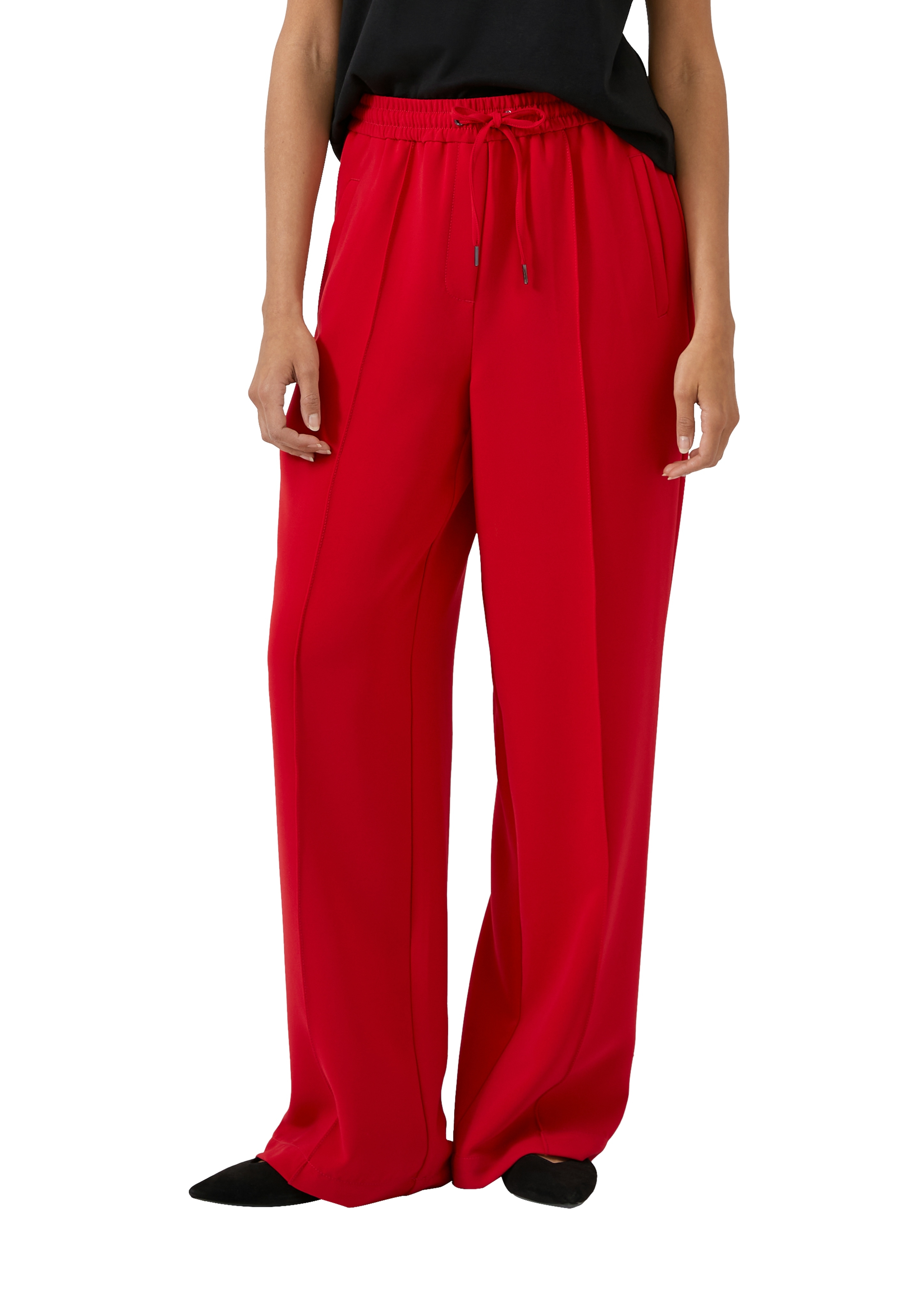 Stoffhose S.OLIVER, Damen, Gr. 42, N-Gr, salsa rot, Web, Obermaterial: 93% Polyester, 7% Elasthan. Futter: 100% Polyester, unifarben, gerade lang, Hosen Stoffhose, mit Bügelfalte und Kordelzug