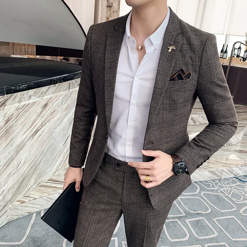 (Blazer + Pantaloni) Abito da uomo scozzese formale da lavoro di marca di fascia alta Abito da sposo Abito da sposa Tinta unita Smoking per spettacoli teatrali S-7XL