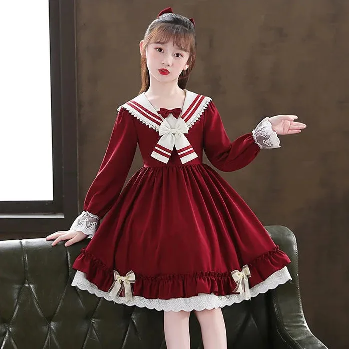 Europäische 2025 Herbst Winter Mädchen Kleidung Retro Teenager Sailor Spitze Party Fliege Uniform Kind Prinzessin Kleid 7 8 9 10 12 Jahre Image