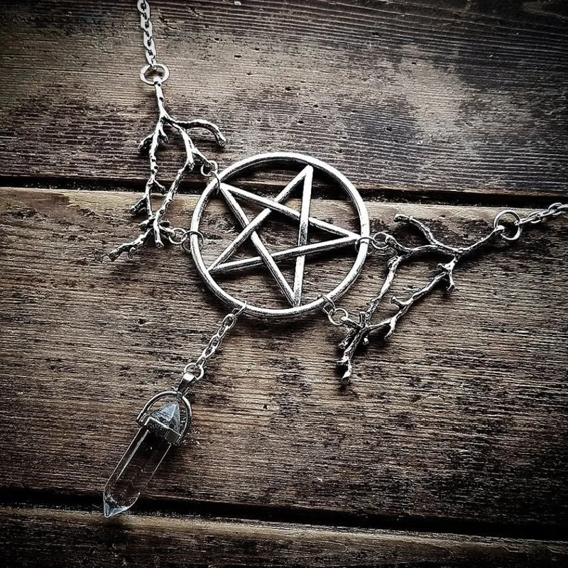 Punk Pagan Inspiriert Pentagram und Quarz Zweige Halskette Gothic Hexe Schmuck Goth Aussage anhänger Magie Wiccan Geschenk Frauen Image