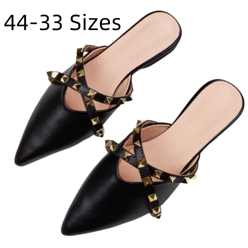 Dame Gold Nieten Hausschuhe Keine Heels Sommer Schuhe Spitze Zehen Retro Rutschen Außen Breite Passt EU48-33 29cm Schuhe Beige schwarz Nette