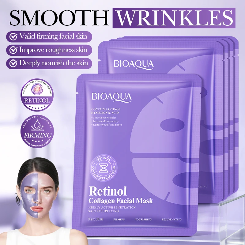 5 pz BIOAQUA Retinolo Collagene Anti-Rughe Maschere Per Il Viso Idratante Sbiancamento Anti-Aging Maschera Per Il Viso Maschere Al Collagene Cura Della Pelle