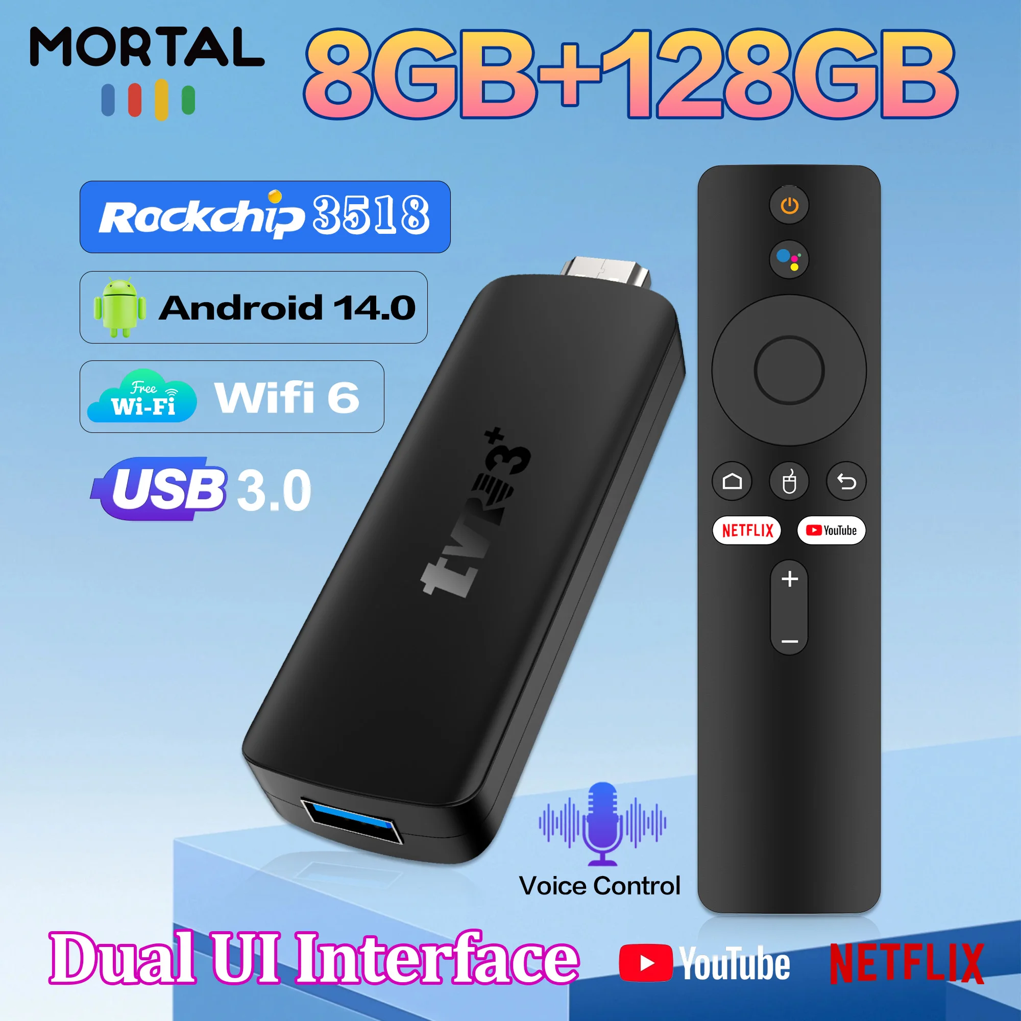 NUOVO TVR3+ Android TV Stick RK3518 Quad Core ROM 128GB RAM 8GB WIFI 6 BT5.4 YouTube Interfaccia Dual UI Streaming Media TV Stick