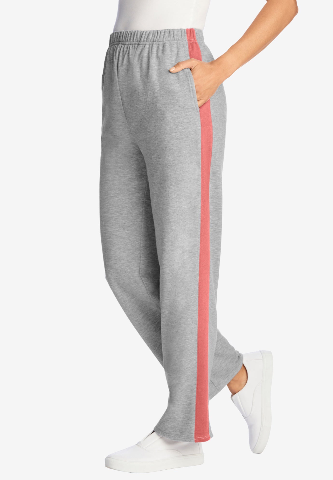 Plus Size Women's Cotton French Terry Straight-Leg Pull-On Side-Stripe Pants by Woman Within in Medium Heather Grey Sweet Coral (Size 42/44)