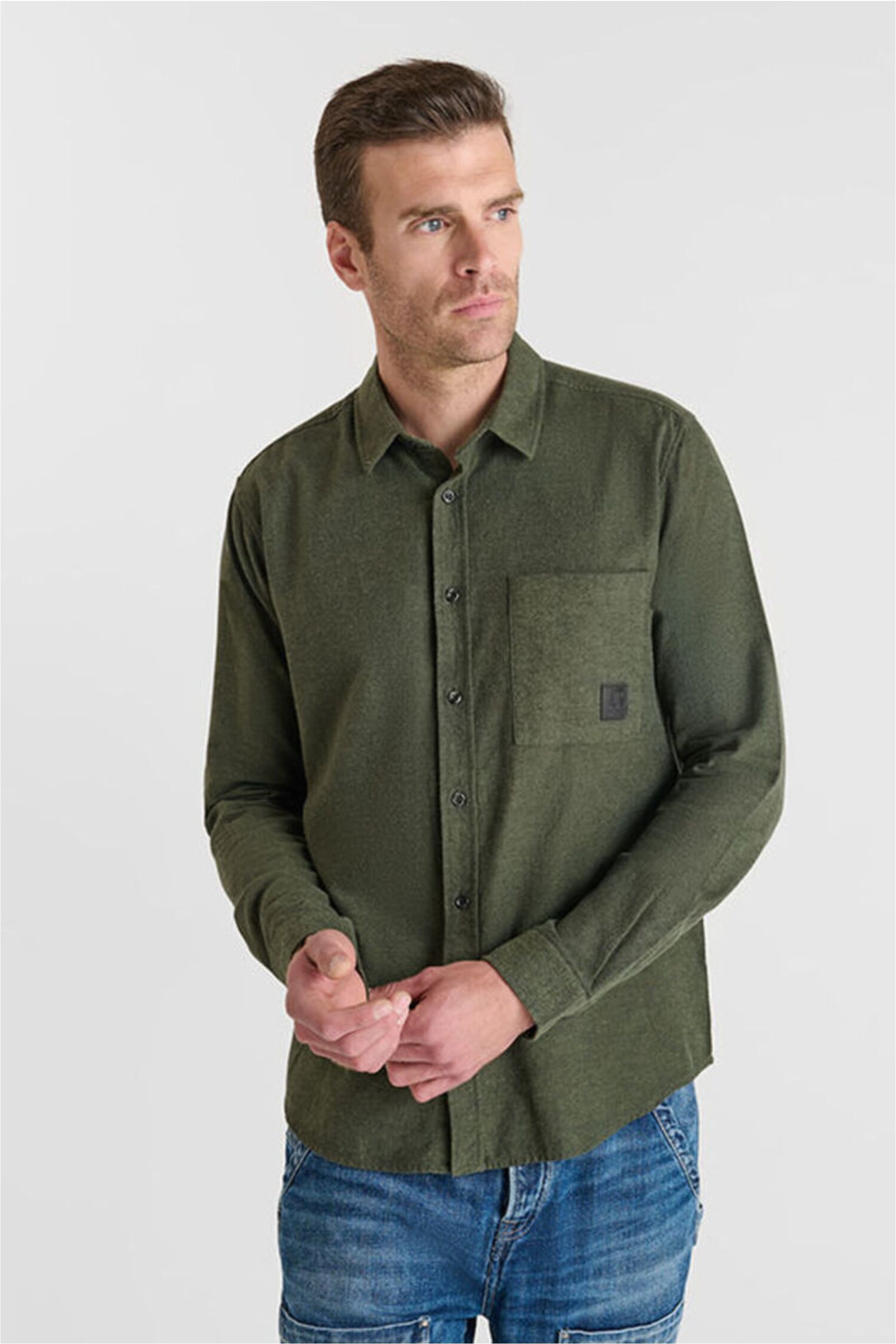 Langarmhemd LE TEMPS DES CERISES "DEBIN", Herren, Gr. M, EURO-Größen, grün, 100% Baumwolle, meliert, ohne Ausschnitt, Hemden, im klassischen Design