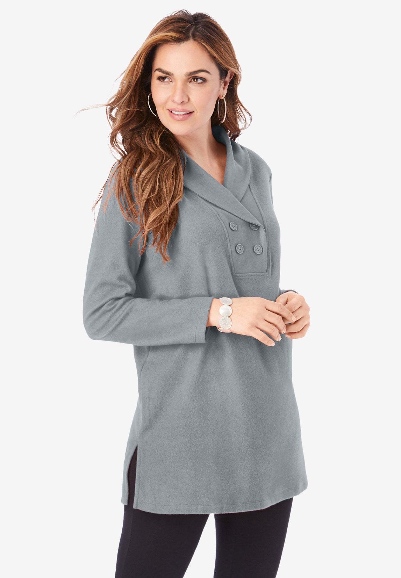 Plus Size Women's Double Button Sherpa Fleece Tunic by Roaman's in Midnight Violet (Size 1X)