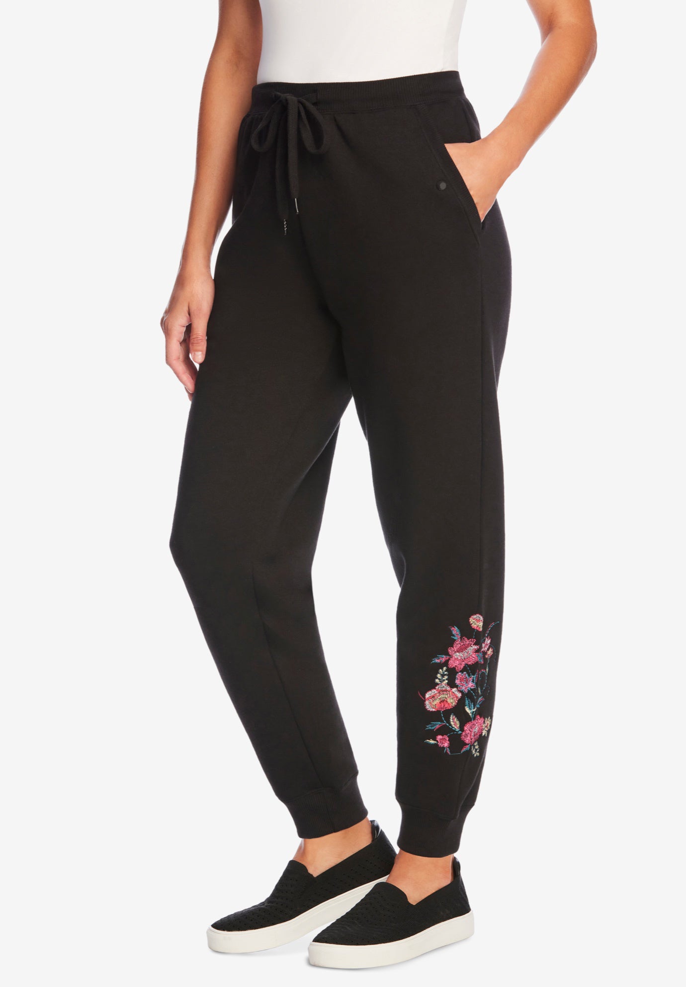 Plus Size Women's Better-Fleece Pull-On Jogger Sweatpants by Woman Within in Black Floral Embroidery (Size 3X)