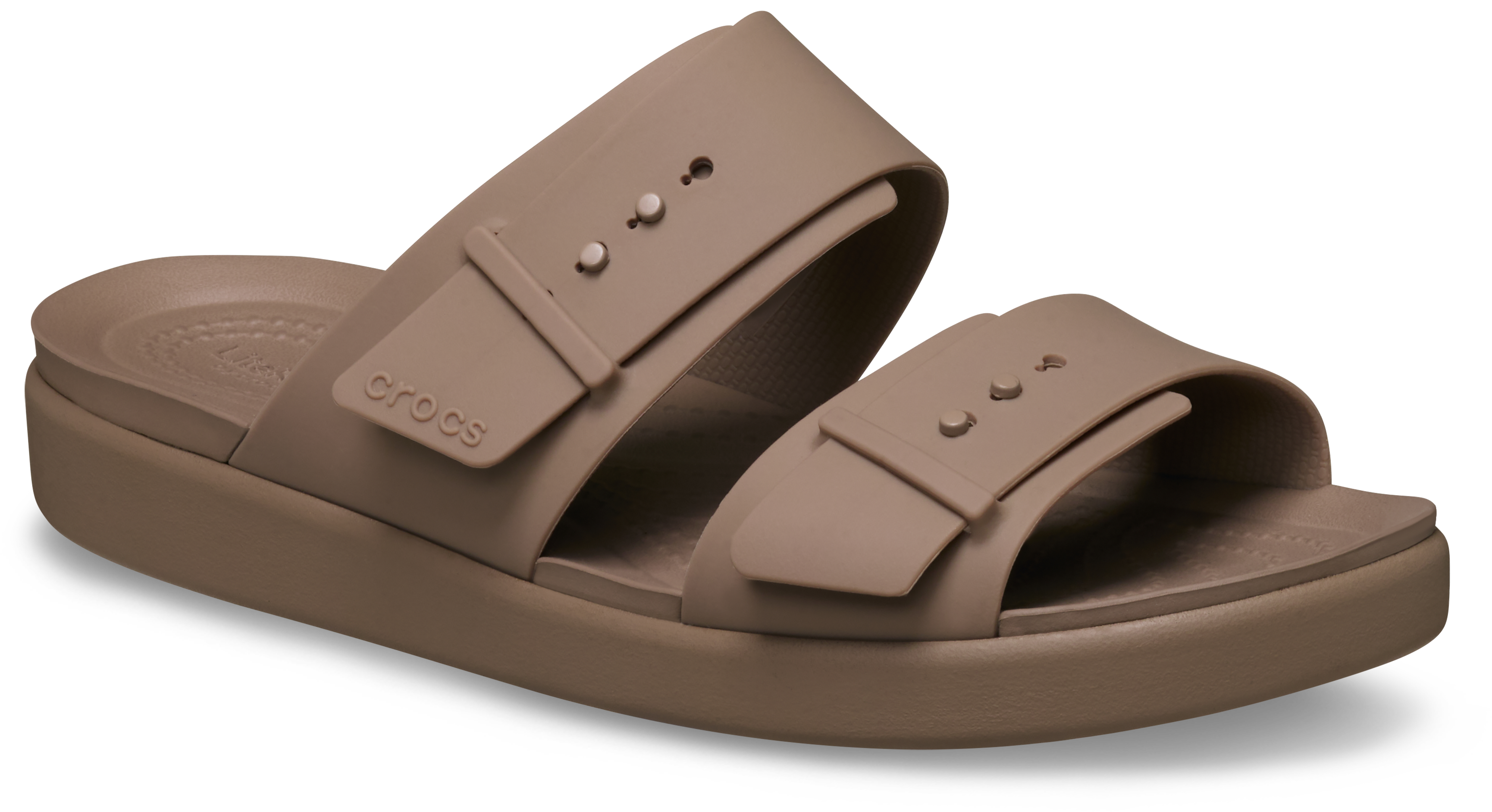 Pantolette CROCS "Brooklyn Buckle Low", Damen, Gr. 38, hellbraun, latte, Croslite™, unifarben, Schuhe Pantolette, Sommerschuh, Strandschuh, Hausschuh mit Softfußbett