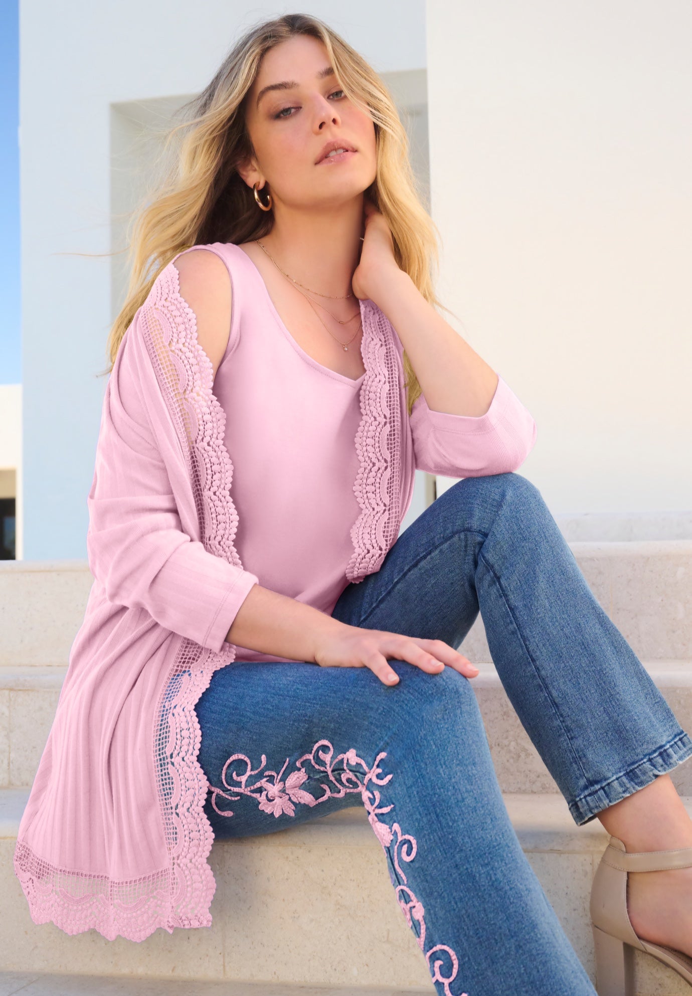 Plus Size Women's Crochet Trim Pointelle Cardigan by Roaman's in Primrose (Size 14/16) 3/4 Sleeves