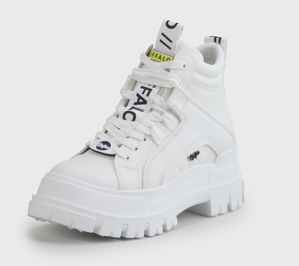 Schnürboots BUFFALO "Aspha NC", Damen, Gr. 41, weiß, Lederimitat, unifarben, Schuhe Schnürboots, Stiefelette, High Top Sneaker mit Memory Foam-Innensohle