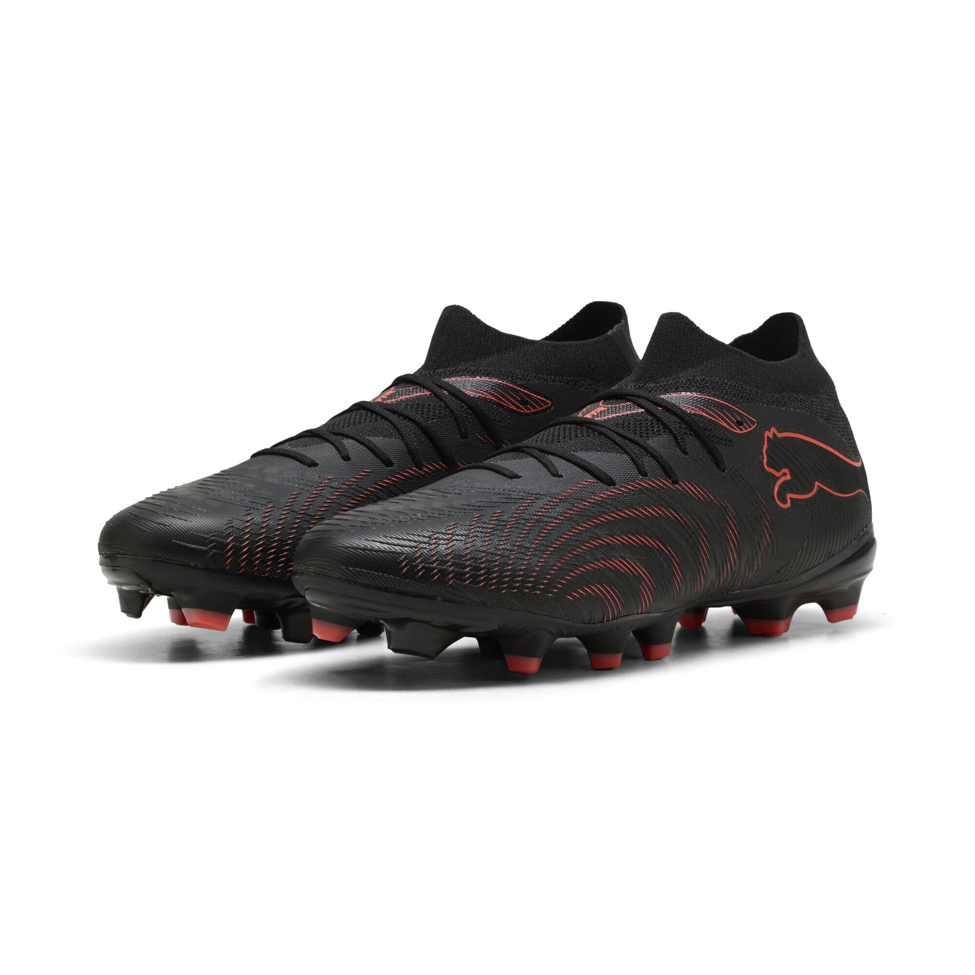 Fußballschuh PUMA "FUTURE 9 MATCH FG/AG Fußballschuhe Erwachsene", Damen, Gr. 44, schwarz glowing rot strong gray, Obermaterial: Synthetik, Textil; Futter: Synthetik, Textil; Innensohle: Textil; Laufsohle: Synthetik, Schuhe Fußballschuh