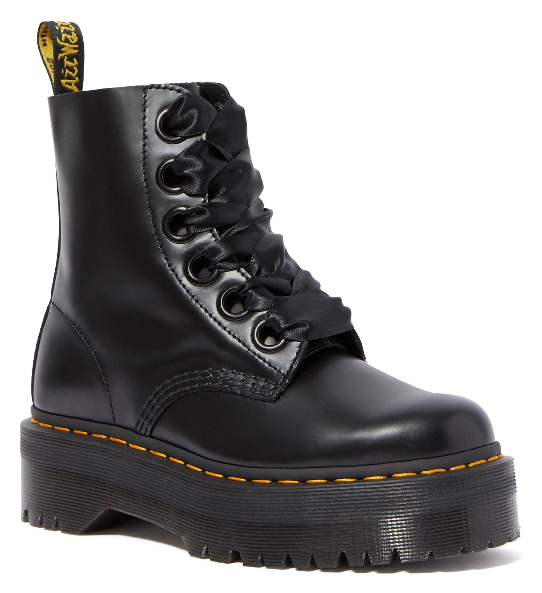 Schnürboots DR. MARTENS "Molly", Damen, Gr. 43, schwarz, Leder, Schuhe Schnürboots, Plateauboots, Chunky Boot mit modischen Schnürsenkeln