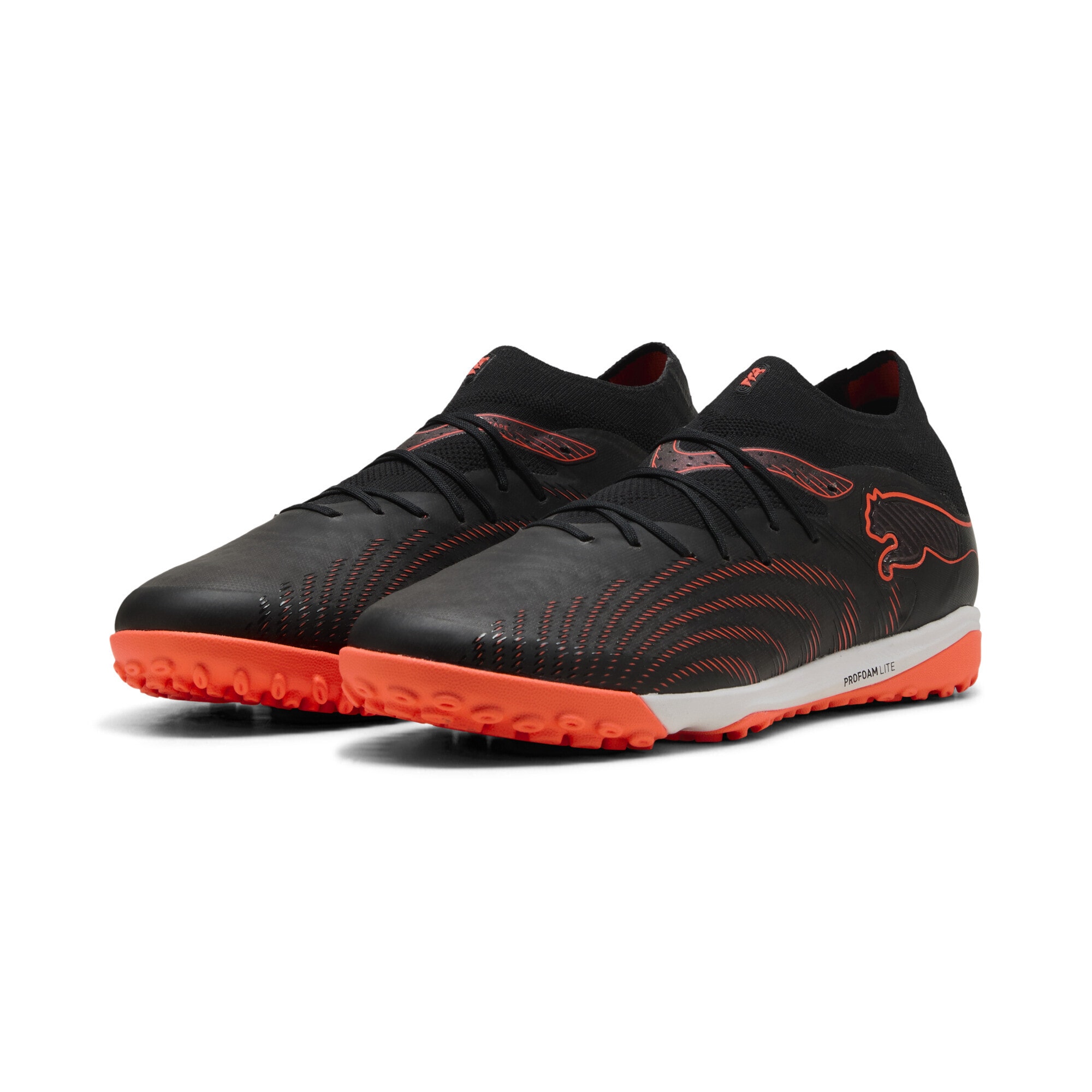 Fußballschuh PUMA "FUTURE 9 PRO Cage Fußballschuhe Erwachsene", Damen, Gr. 44, schwarz glowing rot strong gray, Obermaterial: Synthetik, Textil; Futter: Synthetik, Textil; Innensohle: Textil; Laufsohle: Gummi, Schuhe Fußballschuh