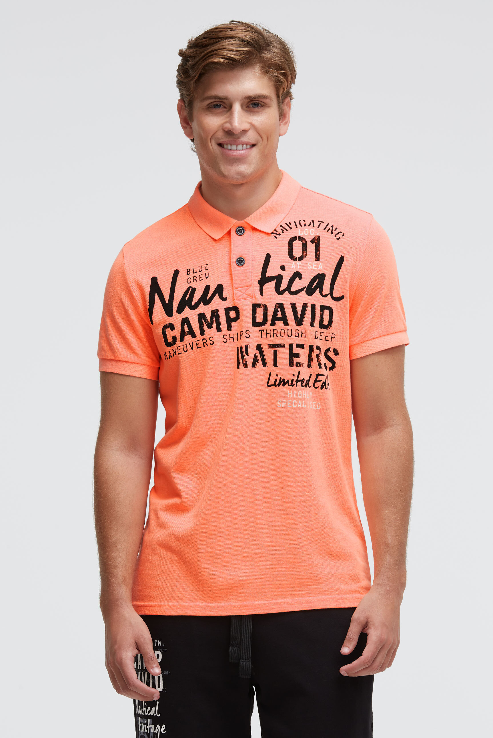 Poloshirt CAMP DAVID, Herren, Gr. 4XL, speed orange neon, Material: 50% Baumwolle, 50% Polyester, bedruckt, regular fit normal, eingesetzt Rippbündchen, Shirts, mit Baumwolle