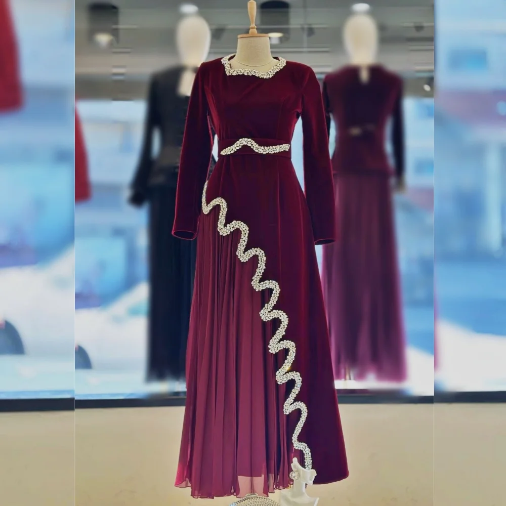 Maßgeschneidertes Abendkleid für Damen mit langen Ärmeln, O-Ausschnitt, bodenlang, Strass, A-Linie, elegantes Suadi-Abschlussball-Partykleid Image