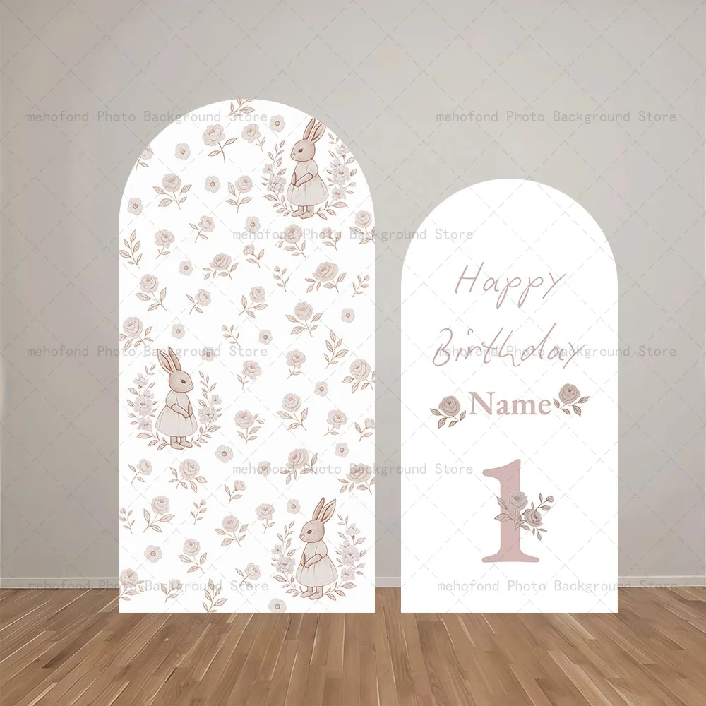 Mehofond Bogen-Hintergrund, individueller Name, elegante Blumen, niedliches Kaninchen, für Kinder, Baby, Geburtstag, Party, Dekoration, Studio-Fotografie-Hintergrund Image