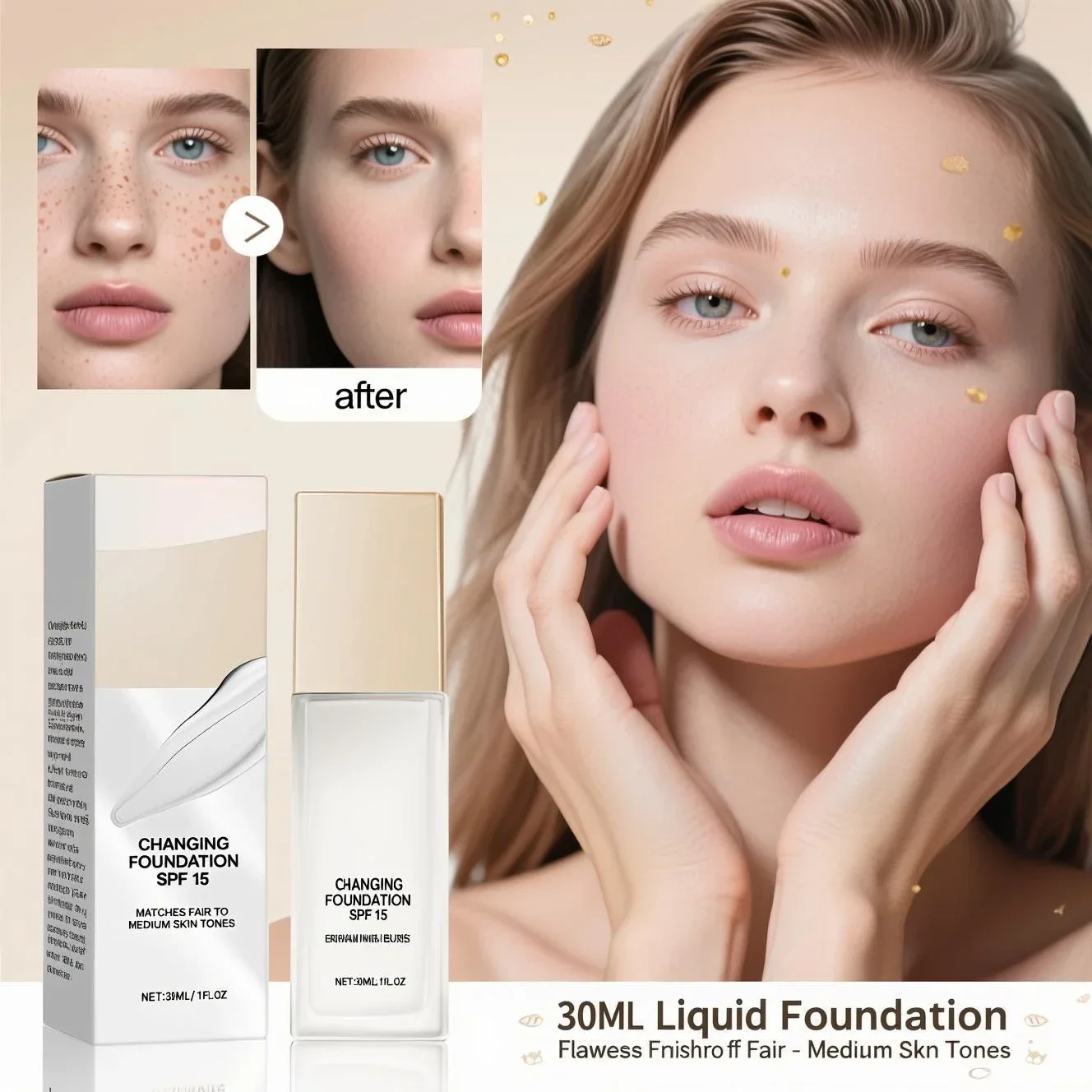 Changing Foundation SPF 15, leichtes flüssiges Make-up für eine mittelgroße Haut, feuchtigkeitsspendende natürliche Abdeckung mit Hyaluronsäure Image