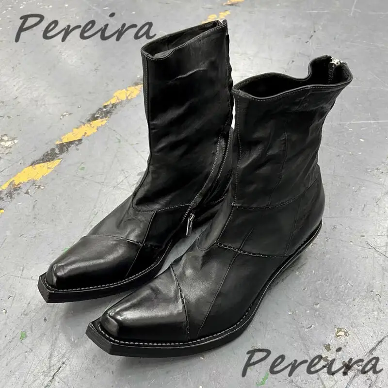 Herren Retro-Ritterstiefel mit dickem Absatz, schwarzes Leder, Patchwork, spitzer Zehenbereich, Reißverschluss, kurze Stiefel für Männer und Frauen, neutrale Freizeitschuhe
