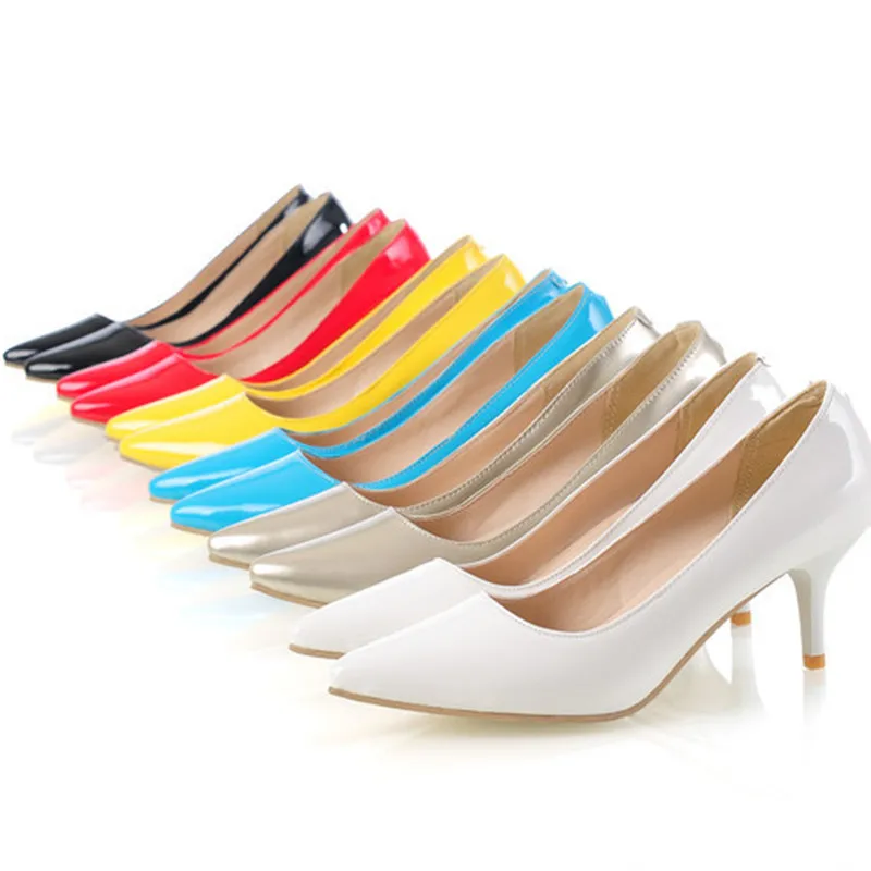 Dame Sexy Große Größe 45 Plain Nähen Spitze Zehen Dünne High Heels Schuhe Candy Farben Frauen Pumpen Gelb Schwarz Blau zapatos Mujer 6cm