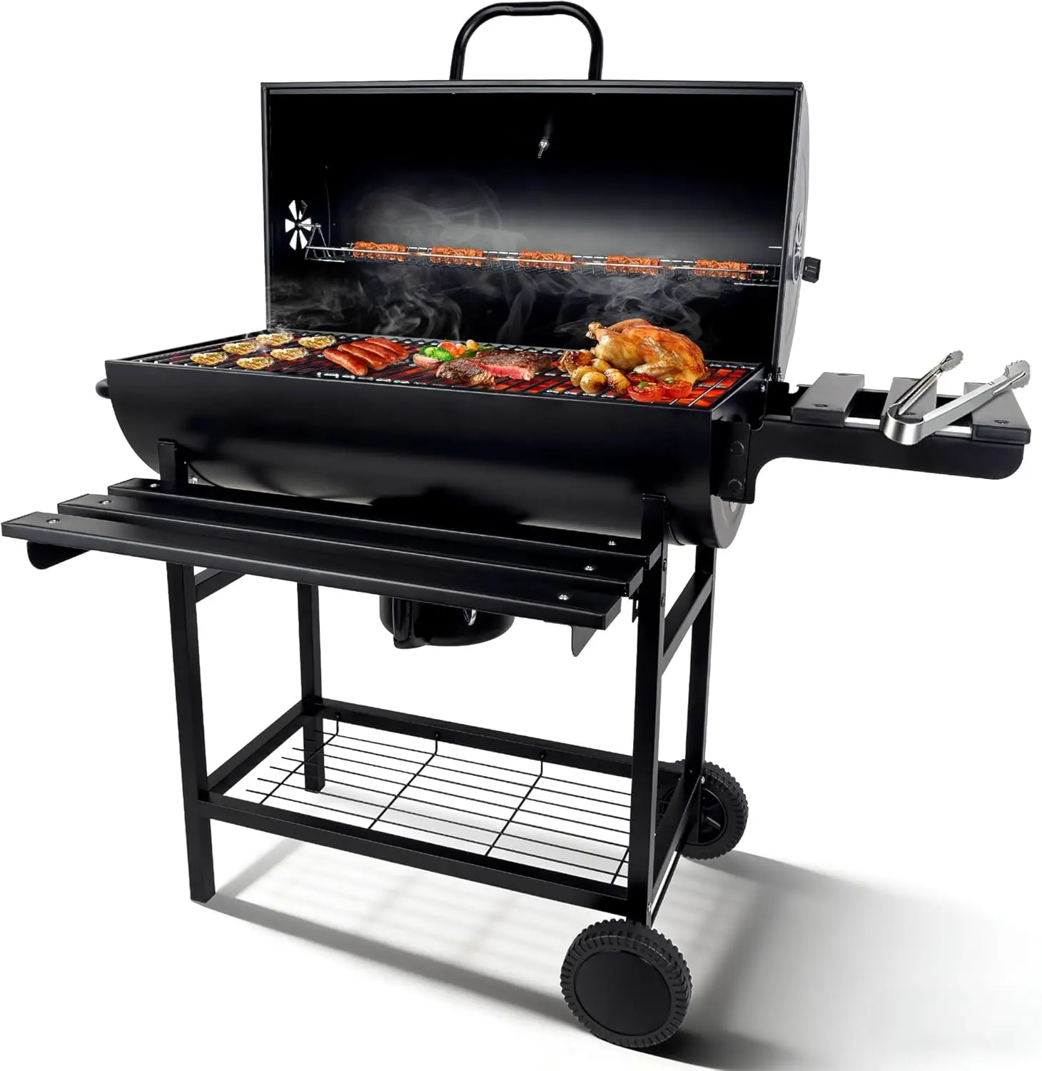 Grills de barbecue au charbon de bois en plein air : gril de barbecue à baril spacieux avec table d