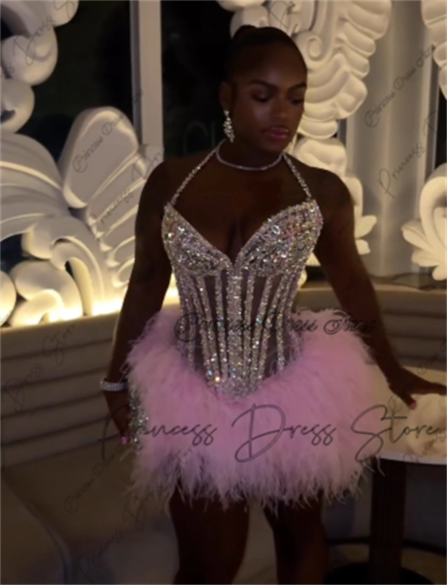 Shiny Feather Birthday Prom Dresses Luxury Black Girls 2026 Beaded Rhinestones Homecoming Dress Mini Cocktail Gown Customized